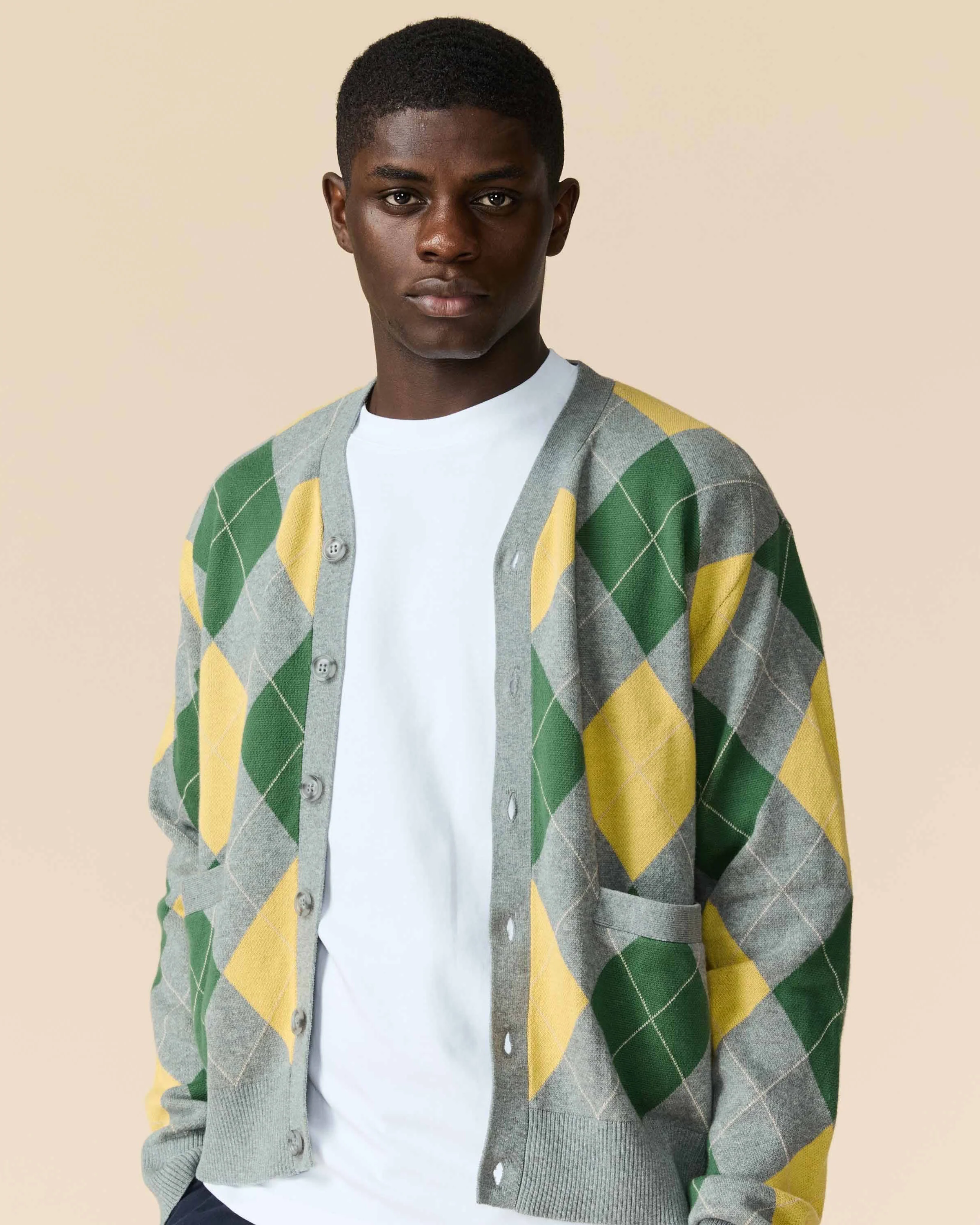 Cotton Argyle Cardigan Grey Argyle - Image 2