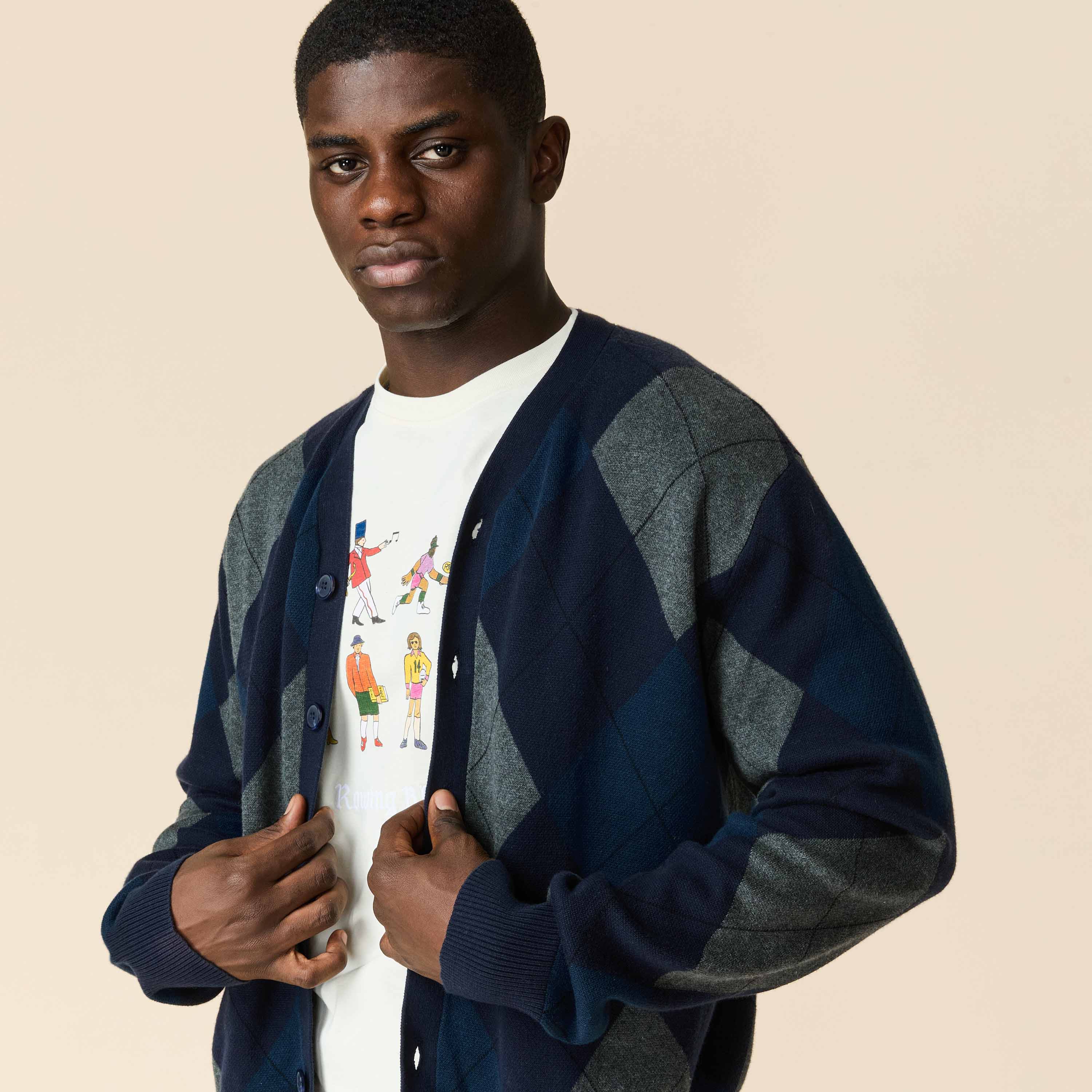 Cotton Argyle Cardigan Navy Argyle - Image 5