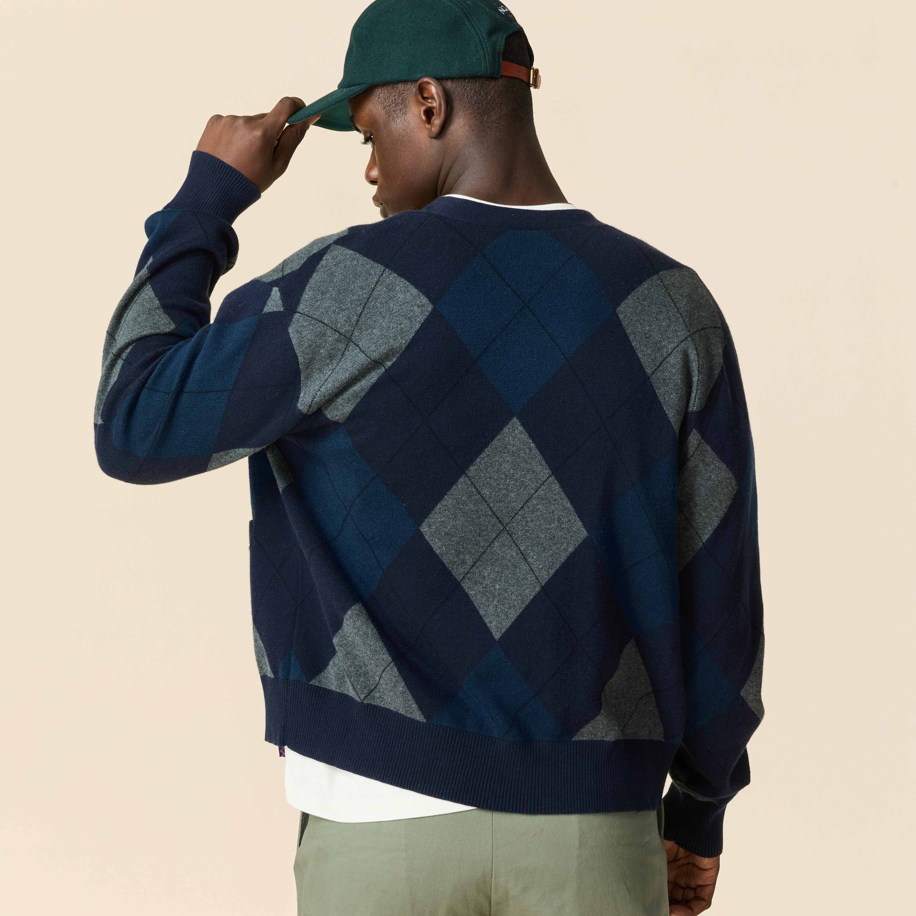 Cotton Argyle Cardigan Navy Argyle - Image 6