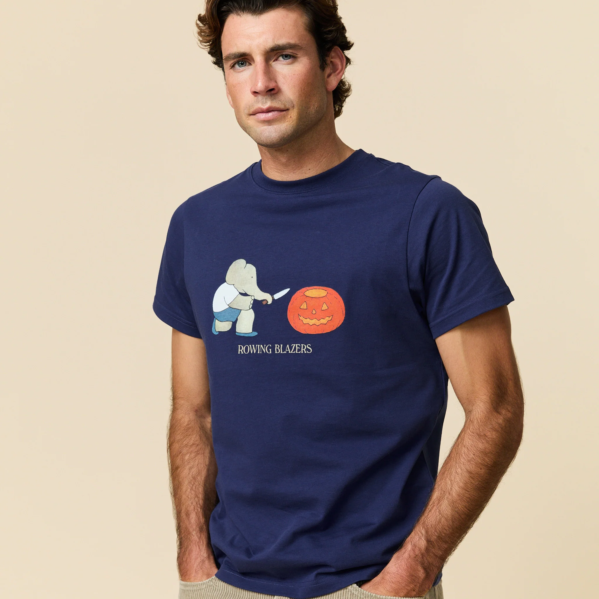 Men's Cotton Babar Pumpkin Tee Navy - Image 2