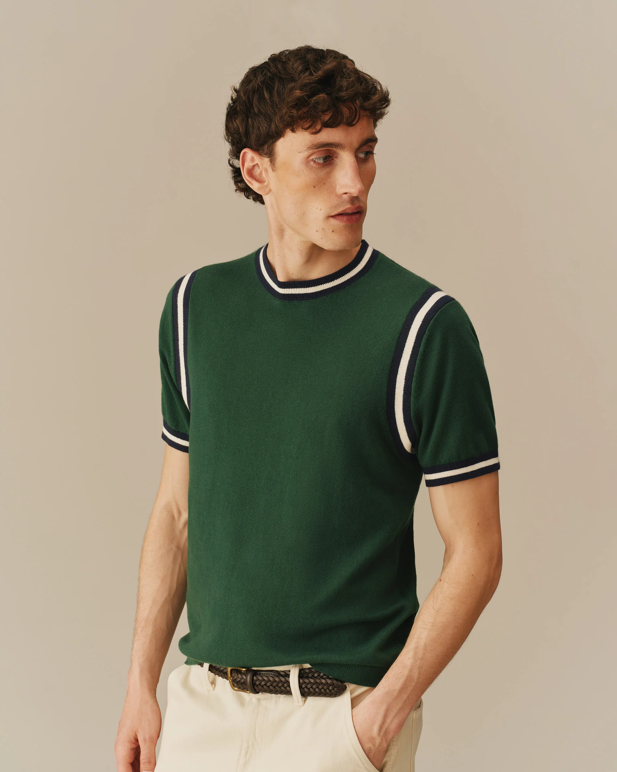 Cotton Blend Varsity Sweater Tee Green - Image 3