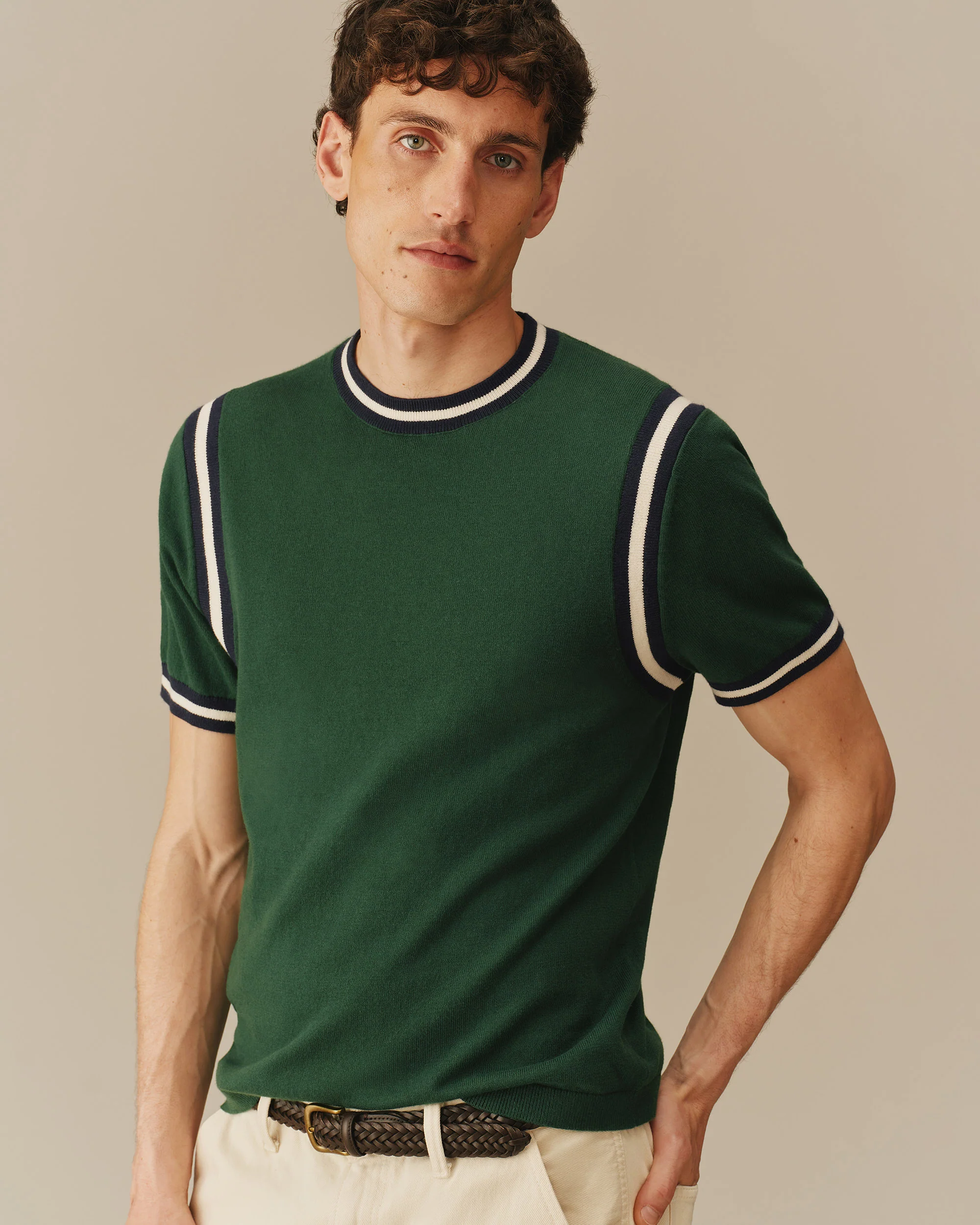 Cotton Blend Varsity Sweater Tee Green - Image 5