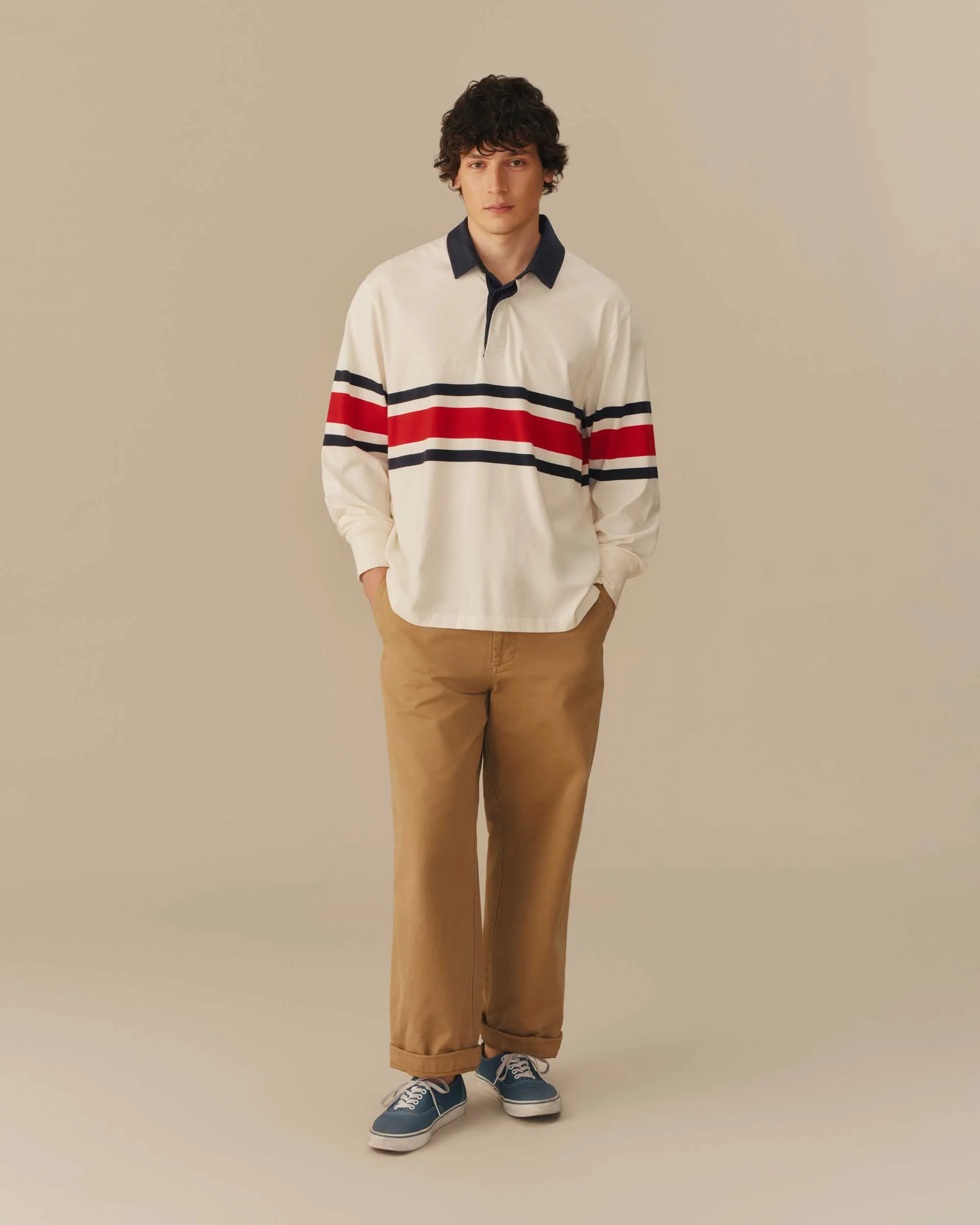 Cotton Center Stripe Pieced Rugby Red & Navy