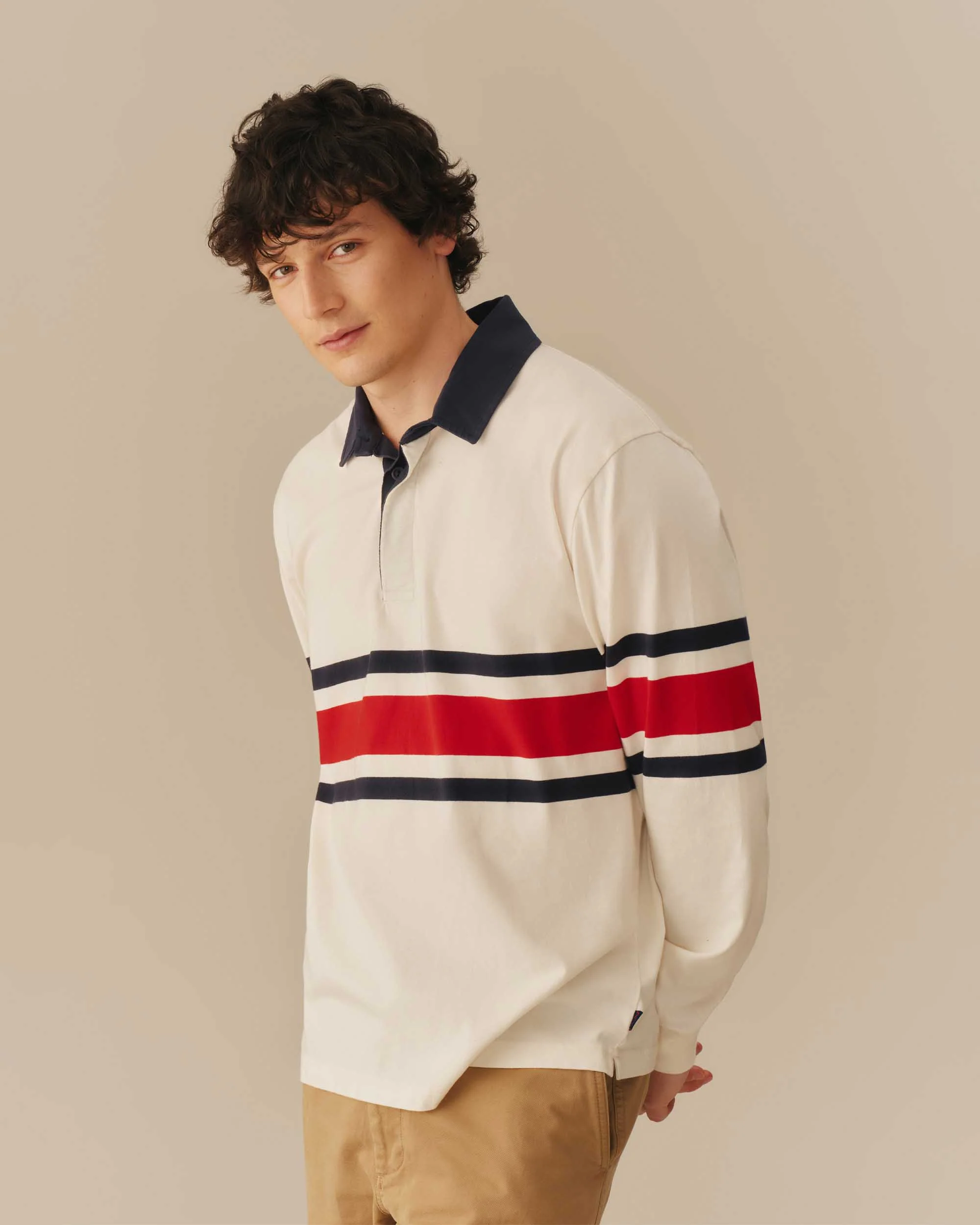 Cotton Center Stripe Pieced Rugby Red & Navy - Image 2