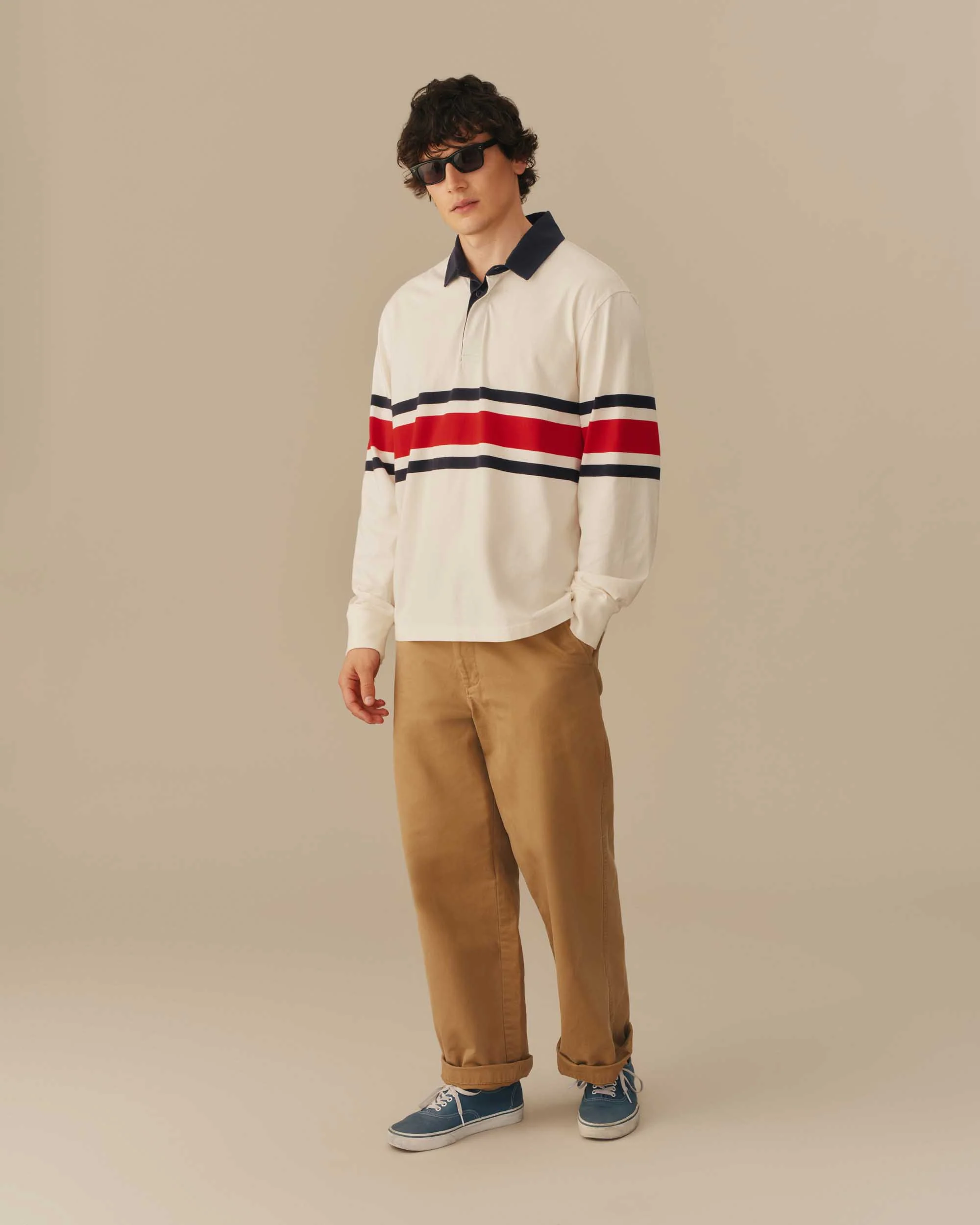 Cotton Center Stripe Pieced Rugby Red & Navy - Image 3