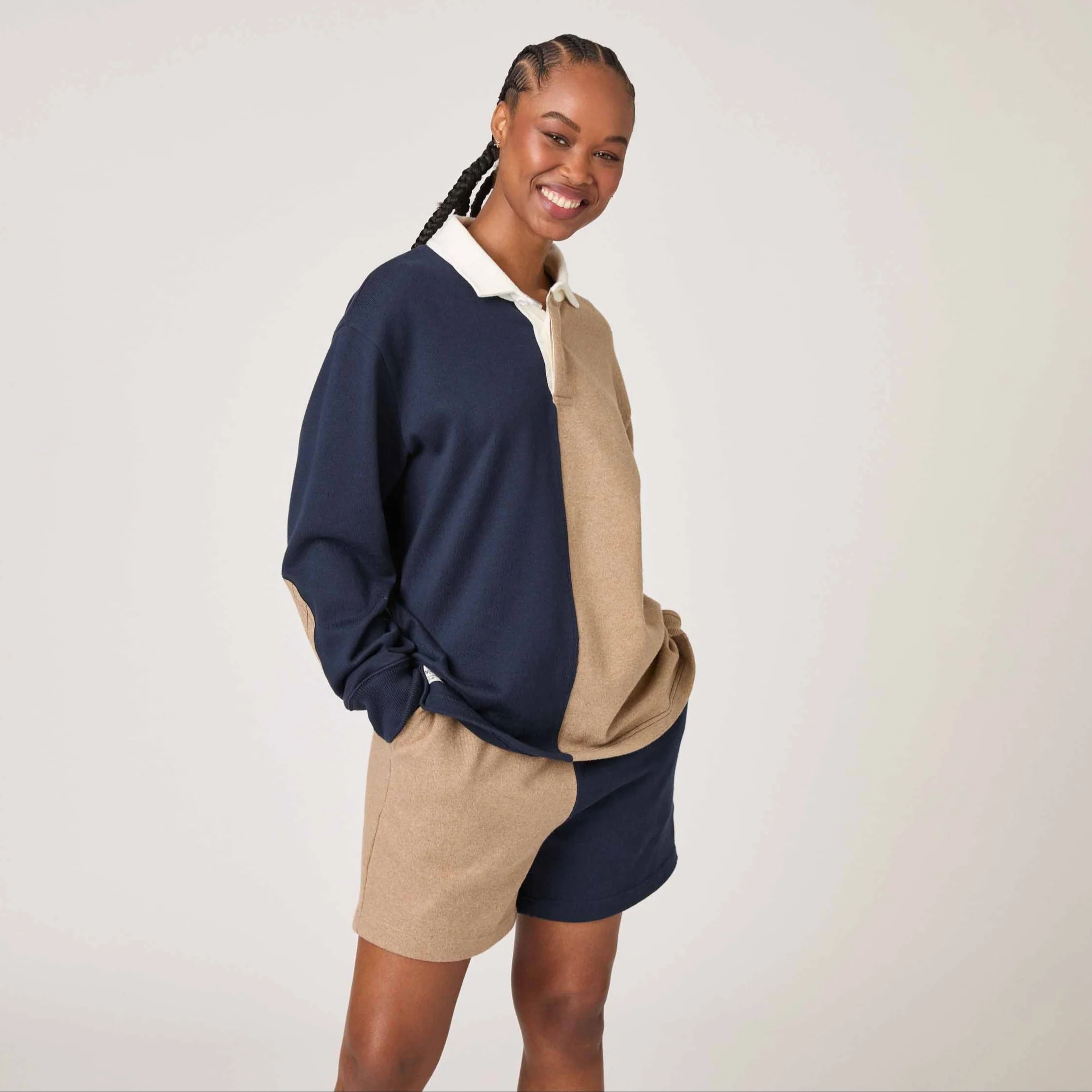 Men's Cotton Color Block Rugby Pull On Short Navy Khaki - Image 6