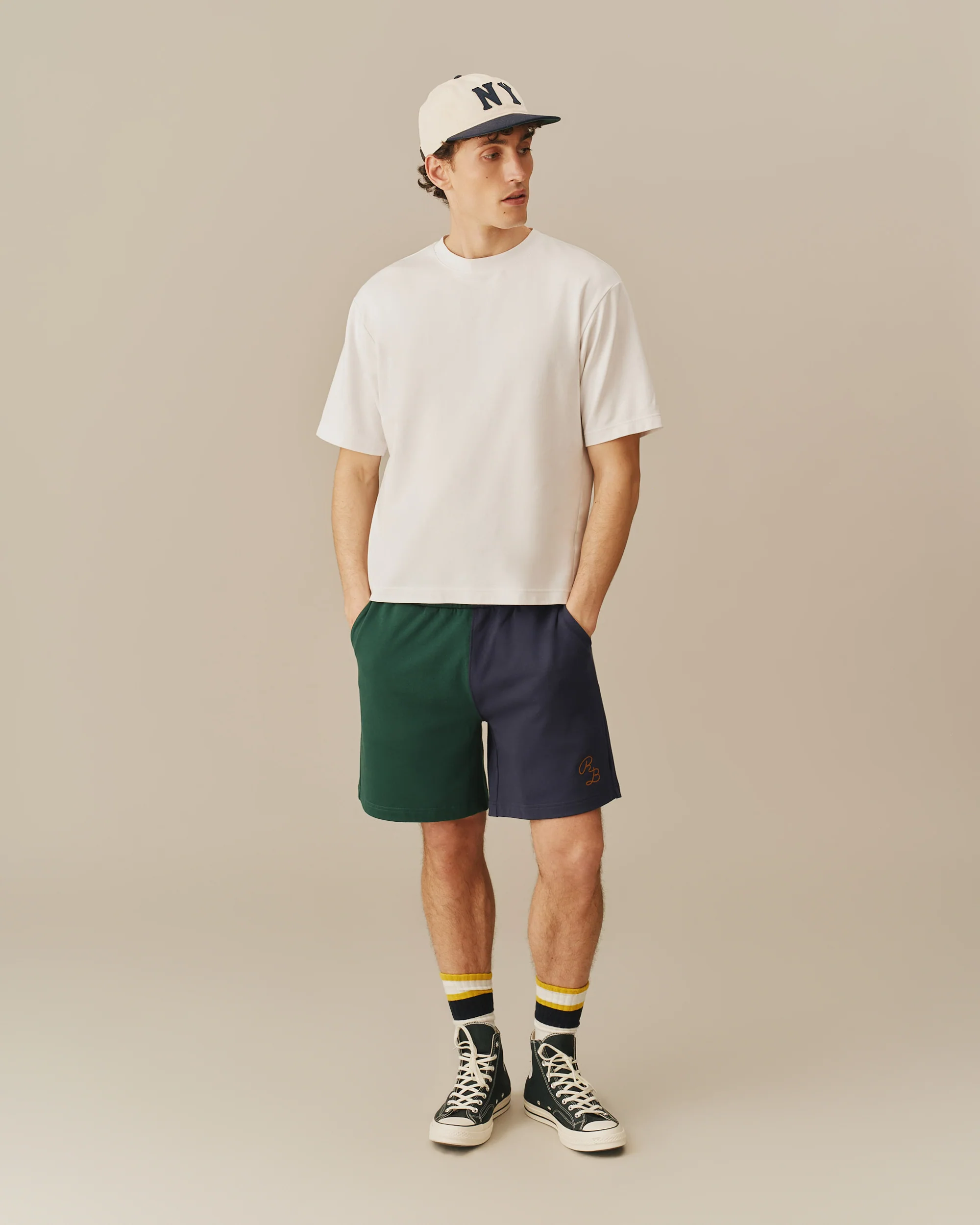 Men's Cotton Color Blocked Rugby Shorts Green Navy