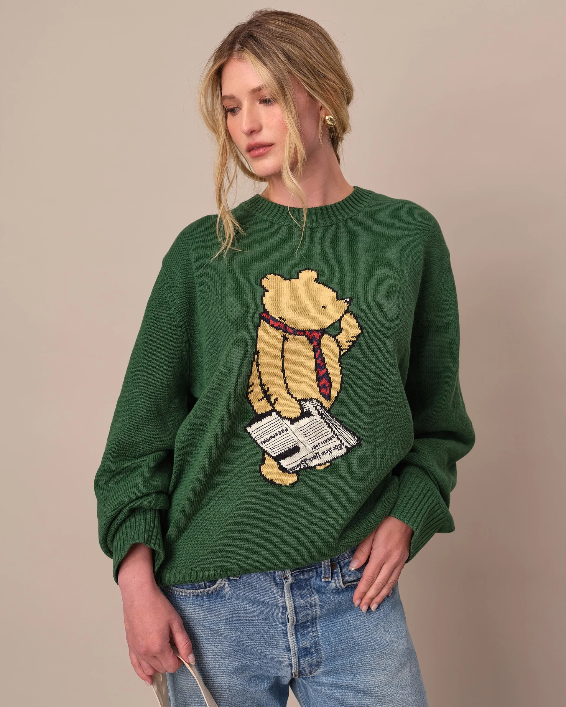 Cotton Linen New Yorker Winnie-the-Pooh Sweater Green - Image 6