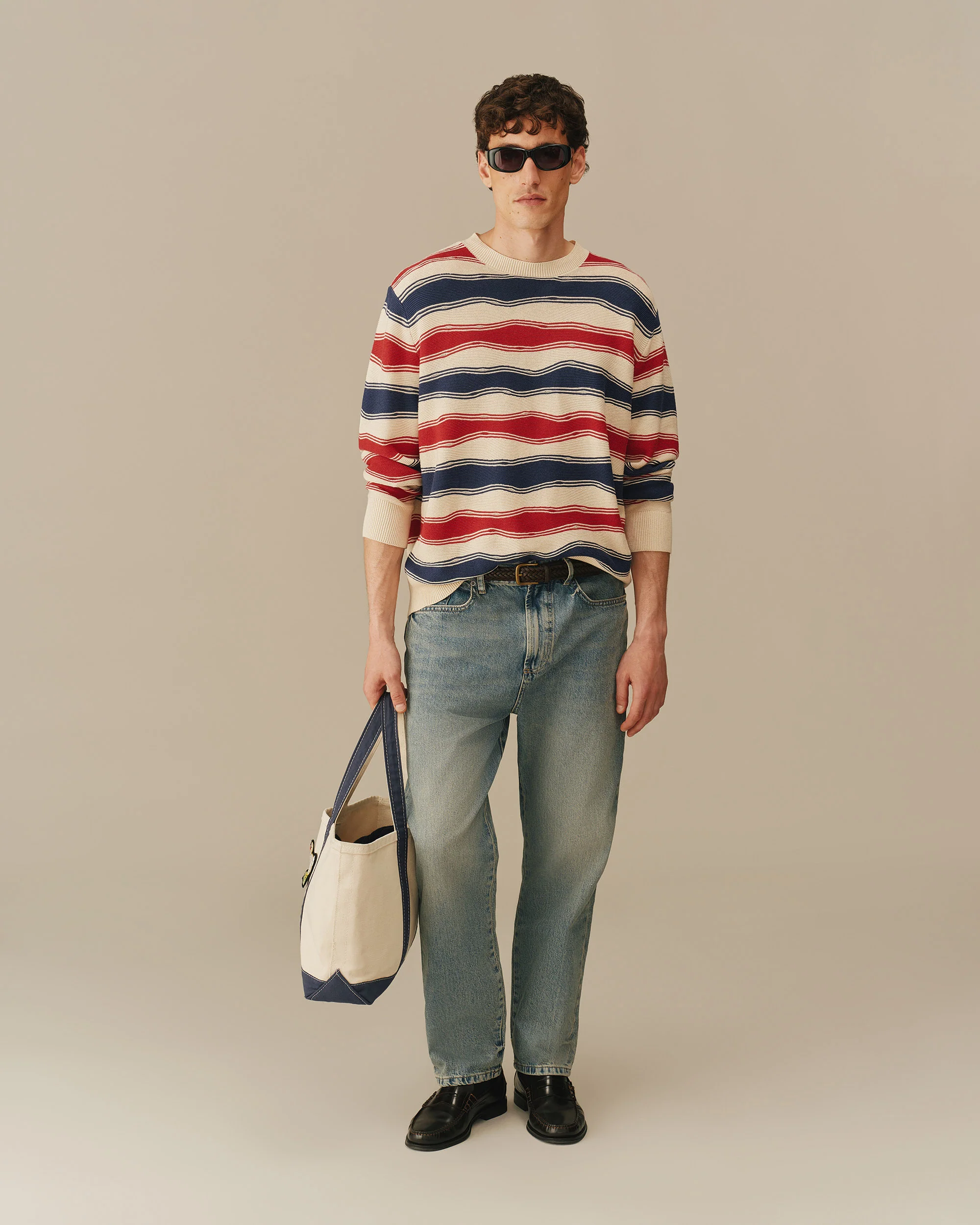 Cotton Linen Striped Crewneck Sweater Red, White & Navy - Image 2