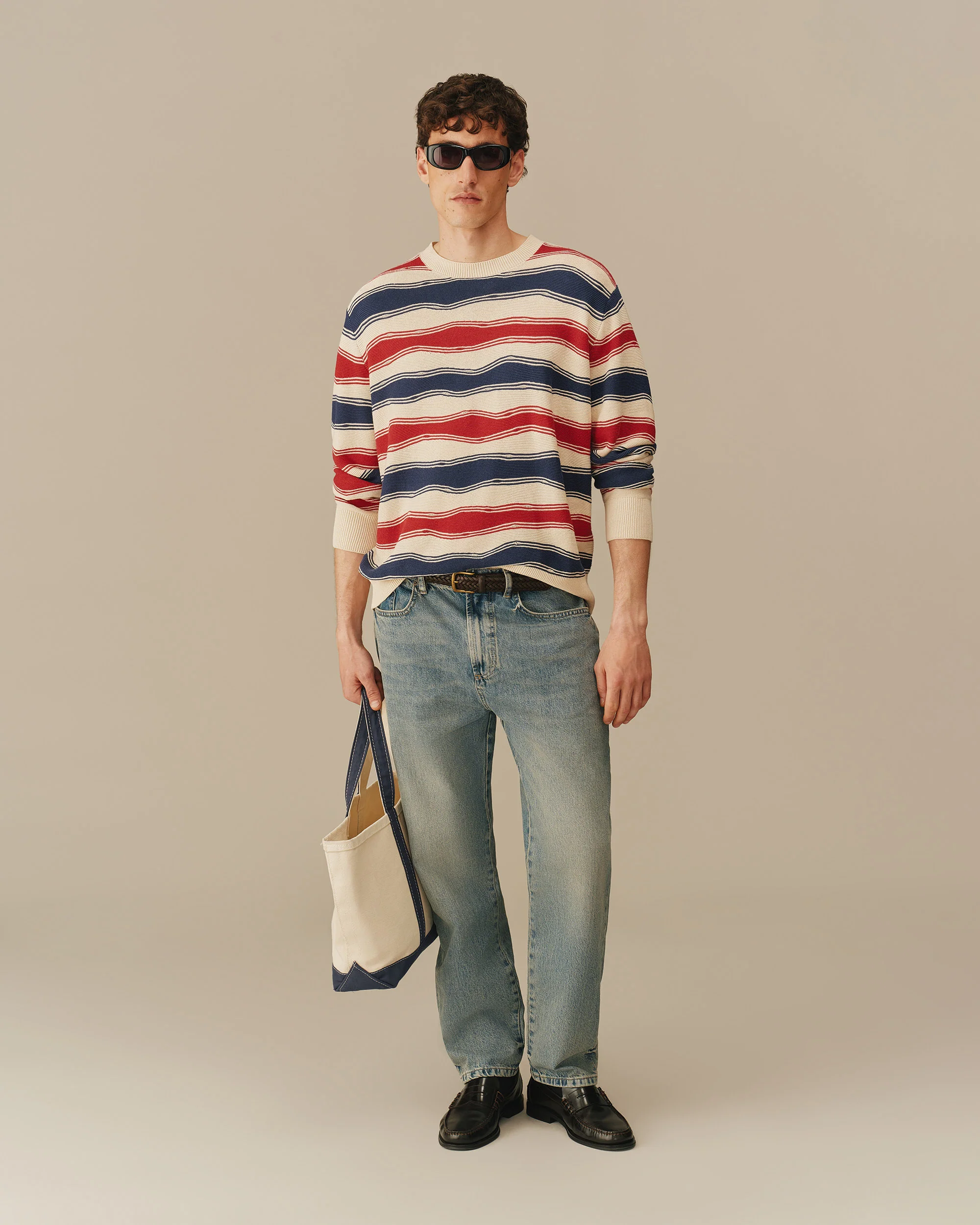 Cotton Linen Striped Crewneck Sweater Red, White & Navy - Image 3