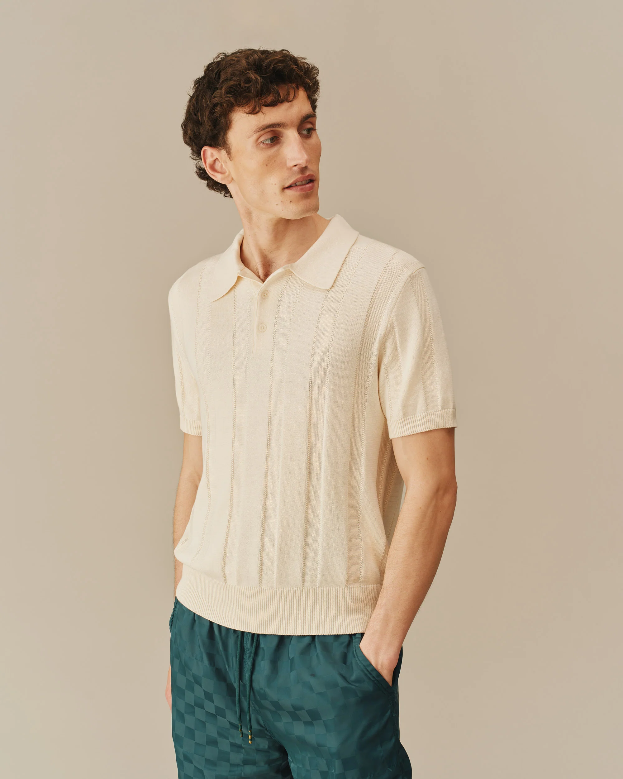 Men's Cotton Silk Sweater Polo Cream - Image 3