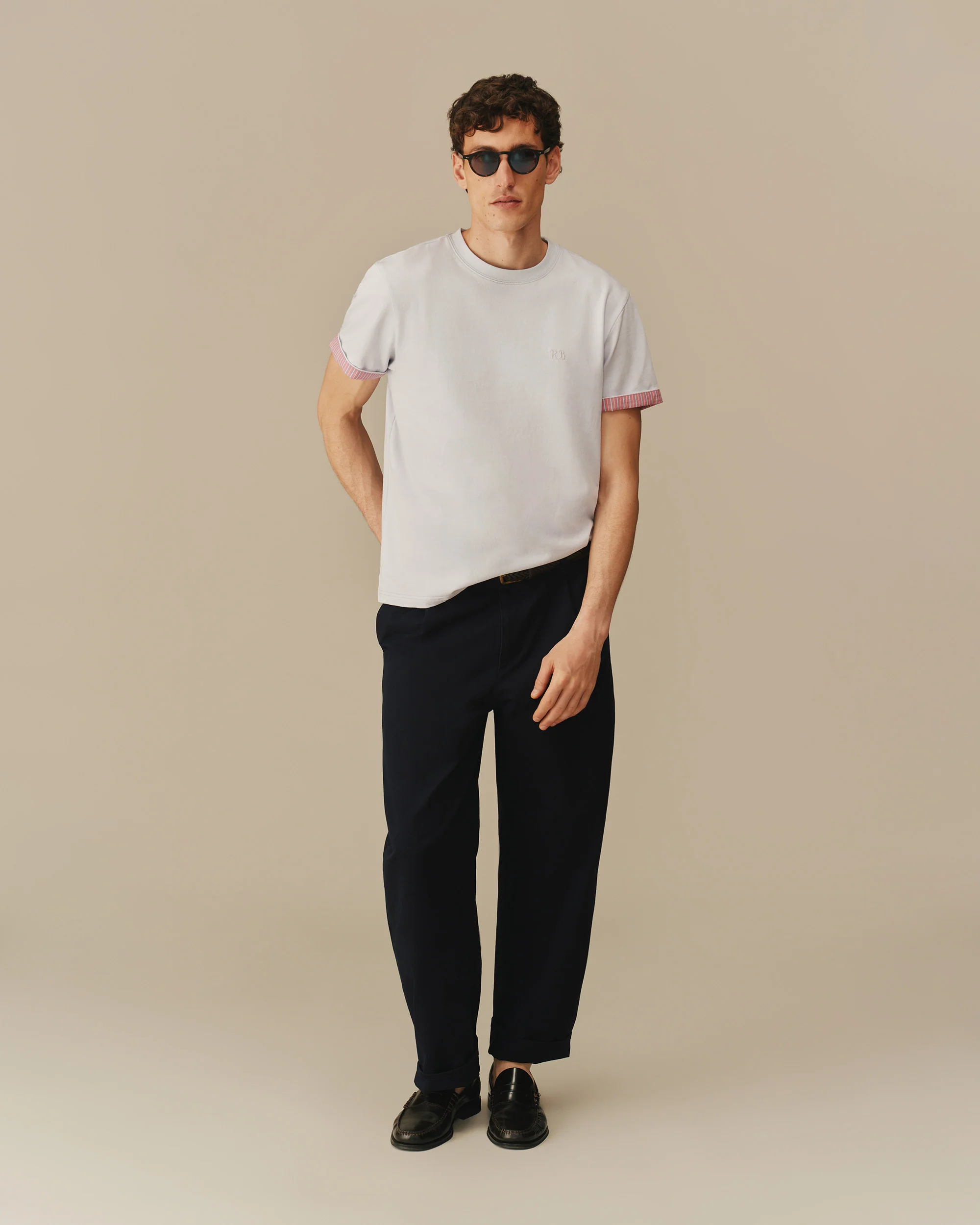 Men's Cotton T-Shirt With Woven Cuff Blue - Image 2