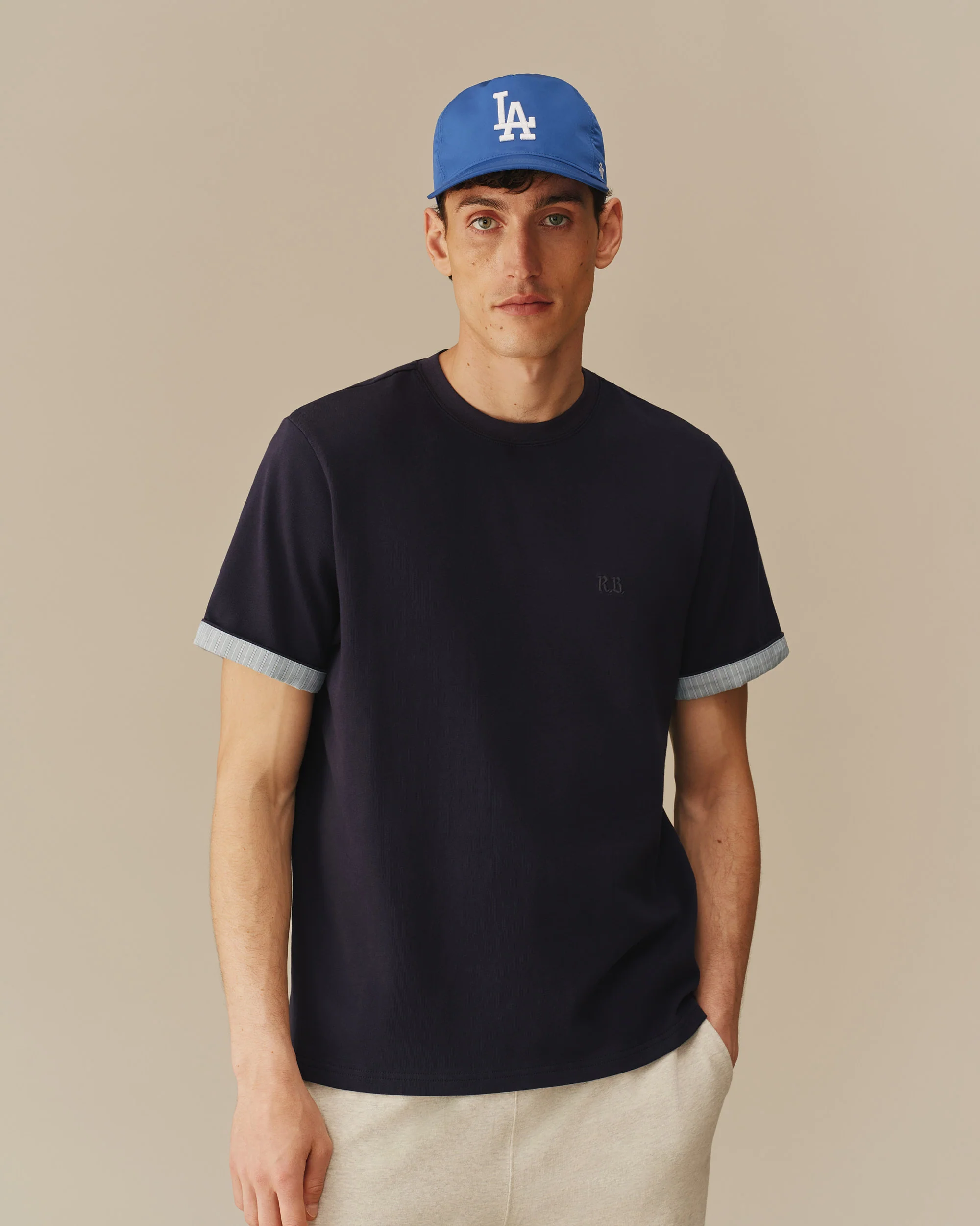 Men's Cotton T-Shirt With Woven Cuff Navy