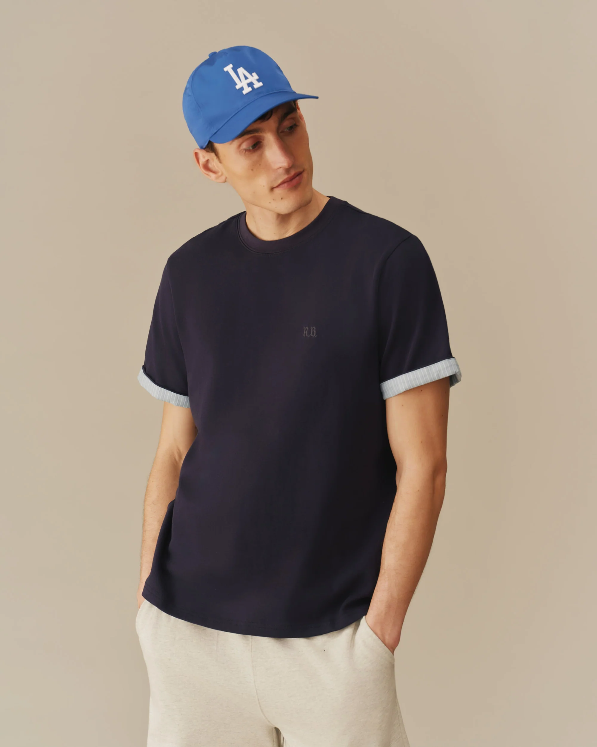 Men's Cotton T-Shirt With Woven Cuff Navy - Image 5