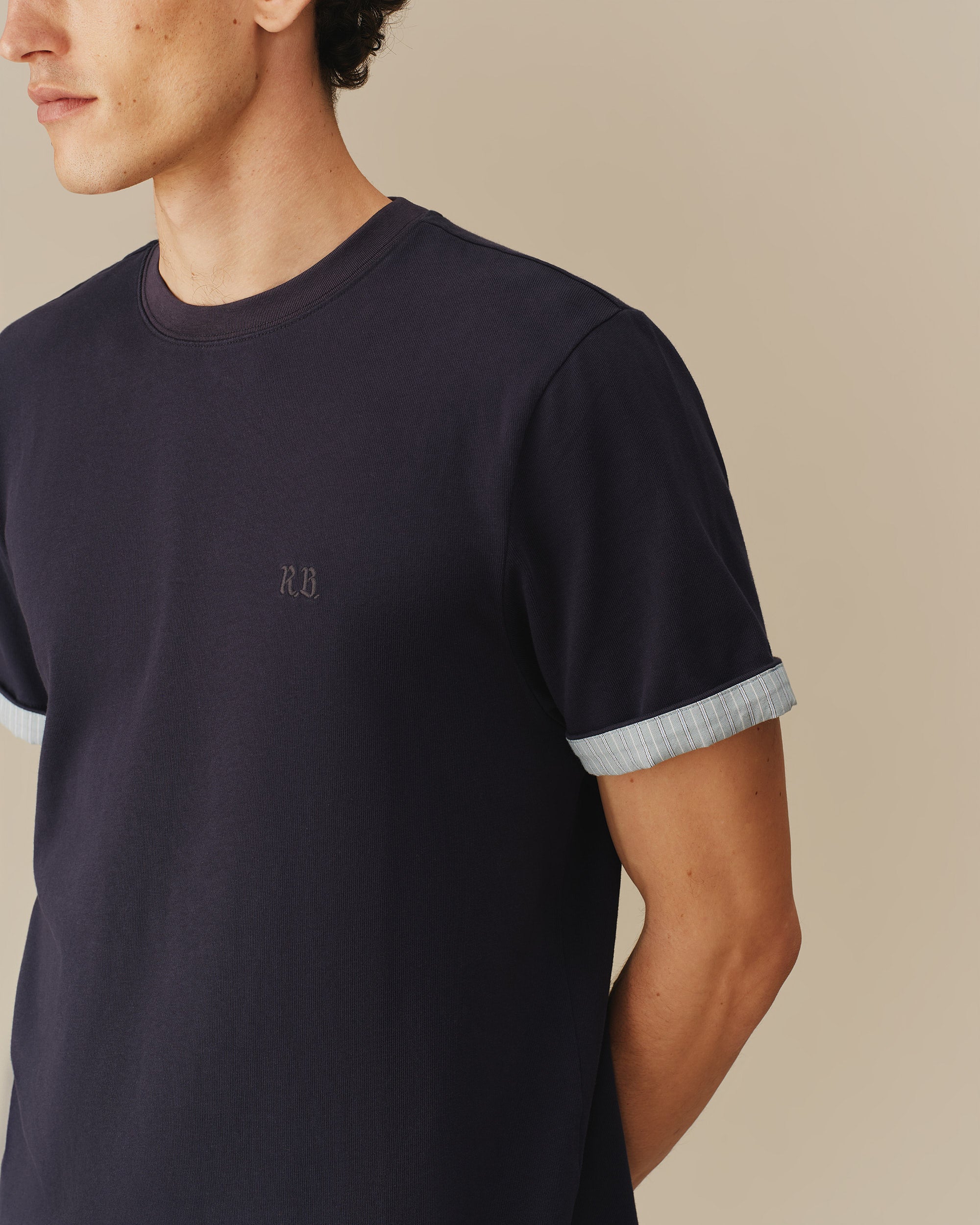 Men's Cotton T-Shirt With Woven Cuff Navy - Image 6