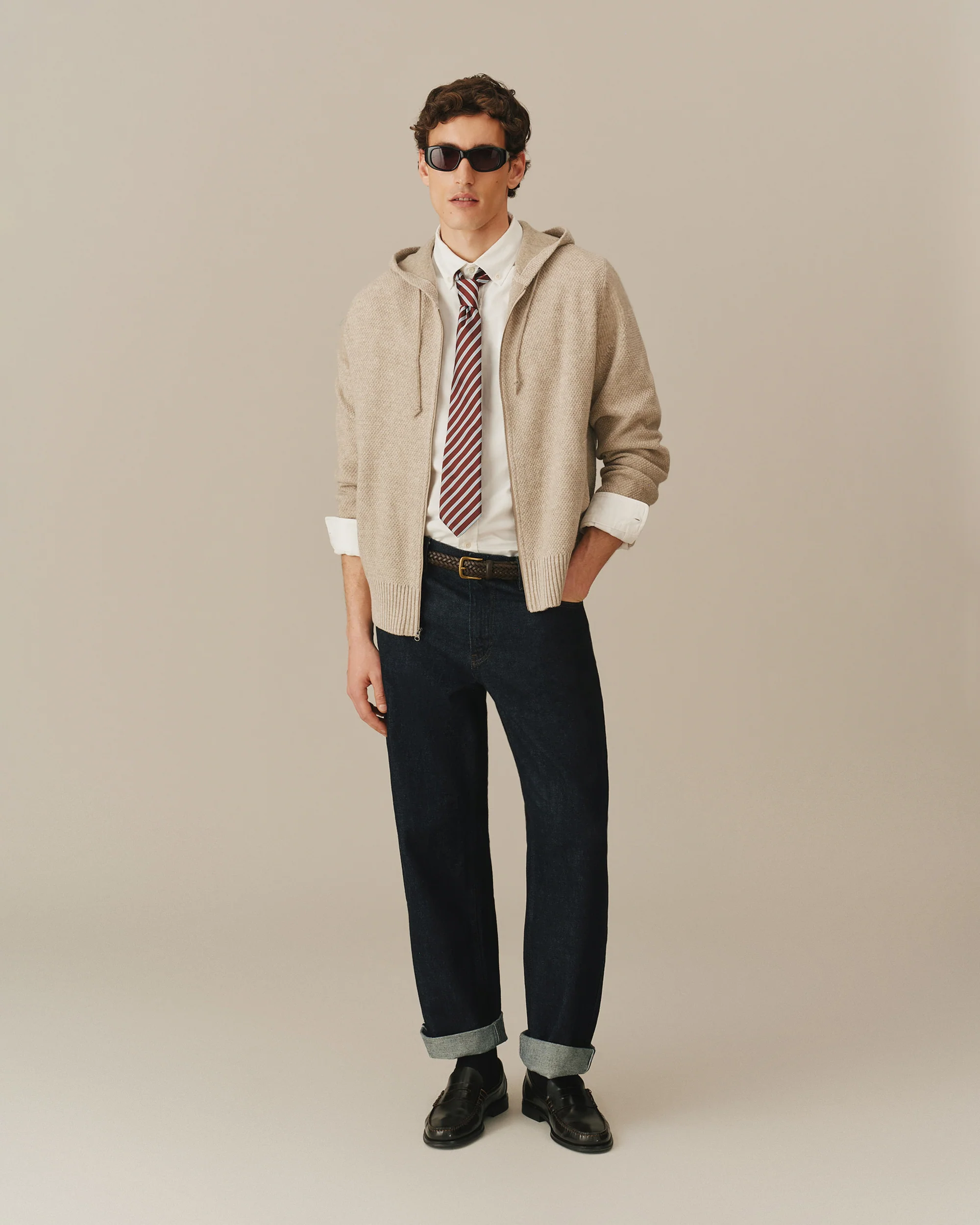Men's Full Zip Cashmere Hoodie Beige - Image 2