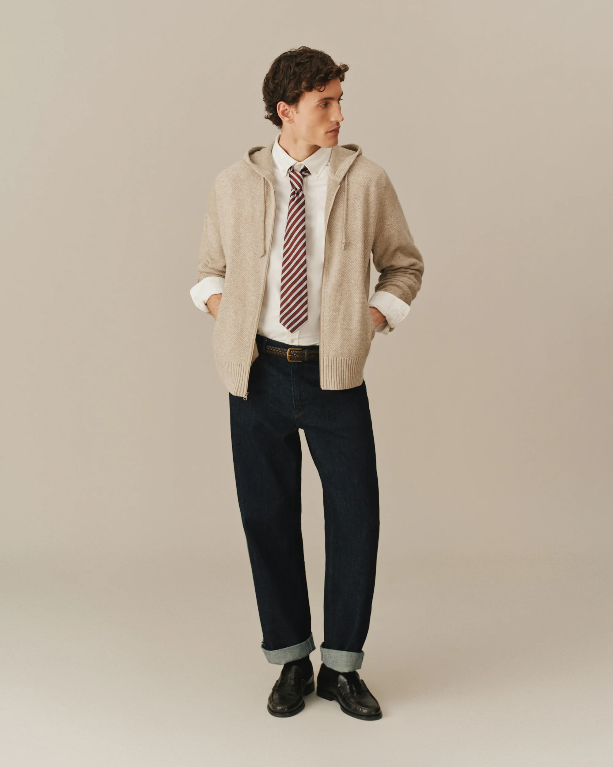 Men's Full Zip Cashmere Hoodie Beige - Image 3