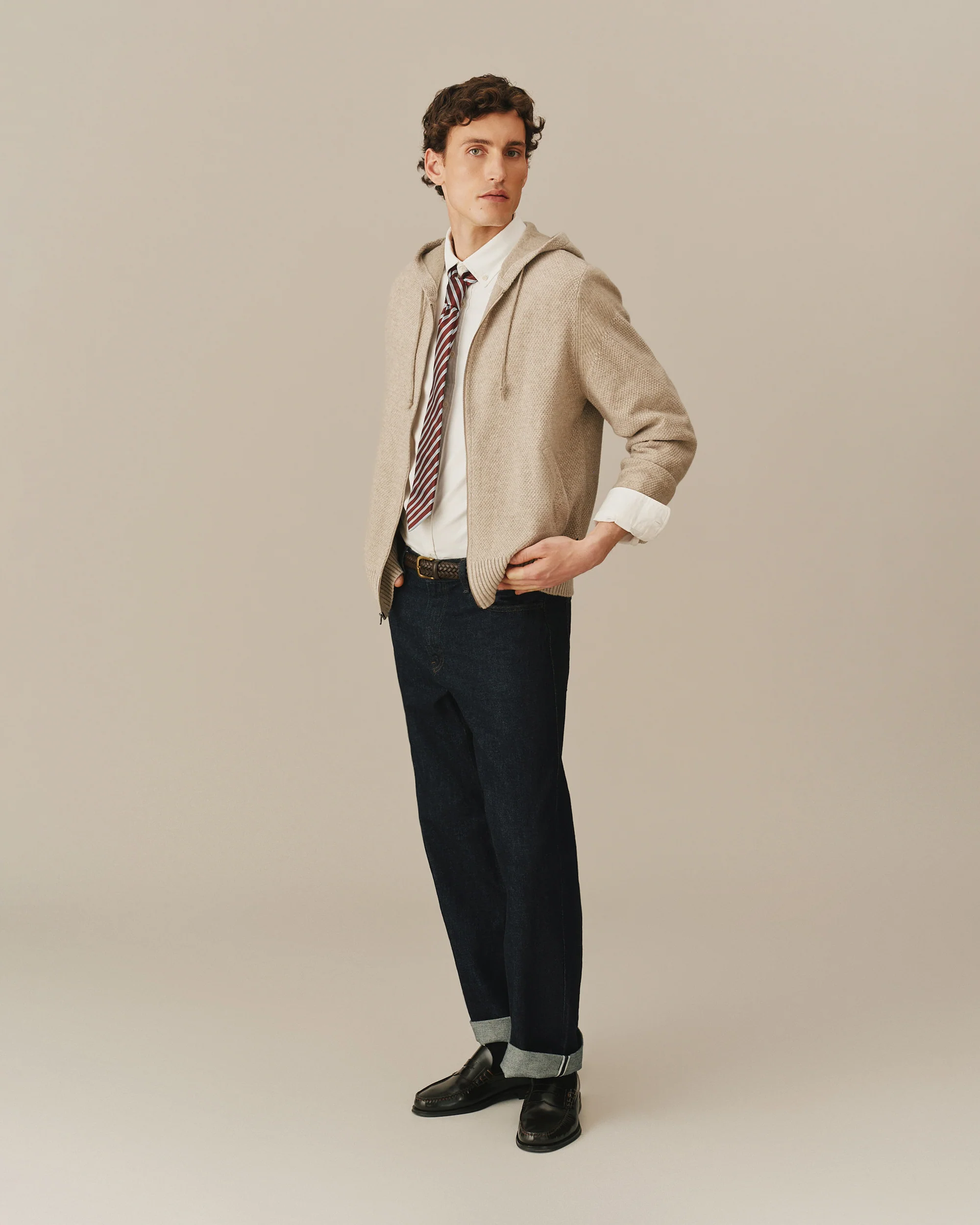 Men's Full Zip Cashmere Hoodie Beige - Image 4