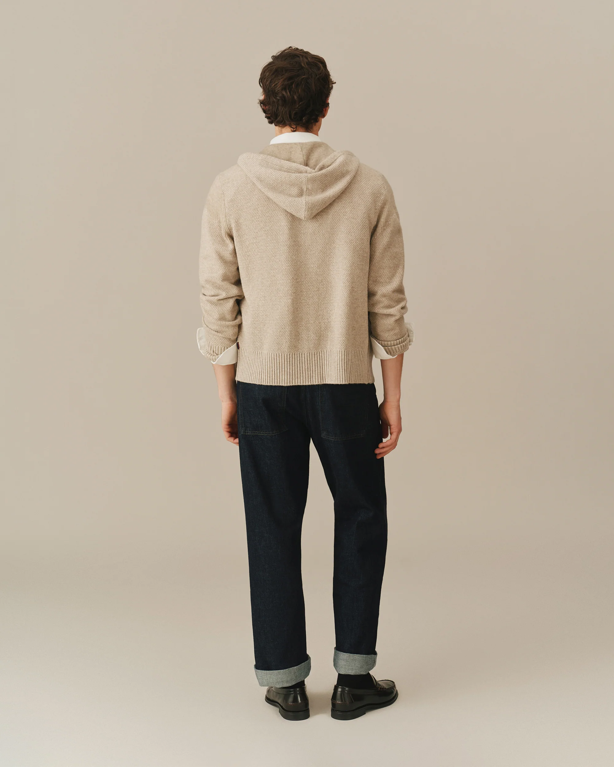 Men's Full Zip Cashmere Hoodie Beige - Image 5