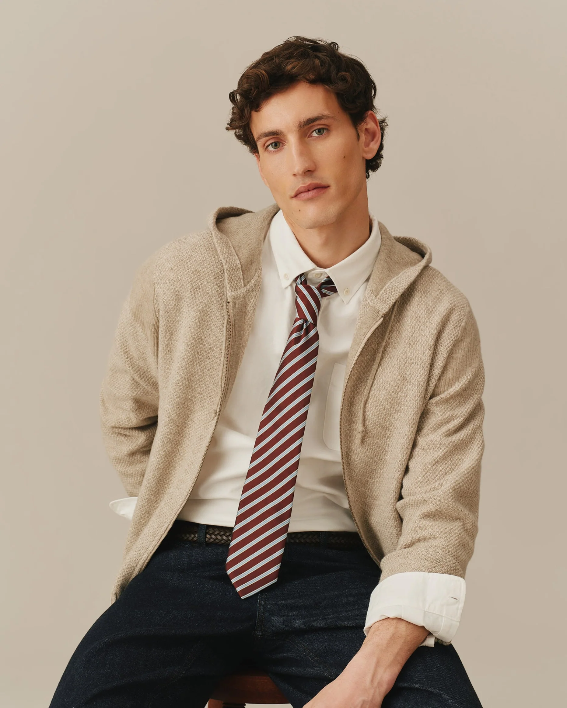 Men's Full Zip Cashmere Hoodie Beige - Image 6