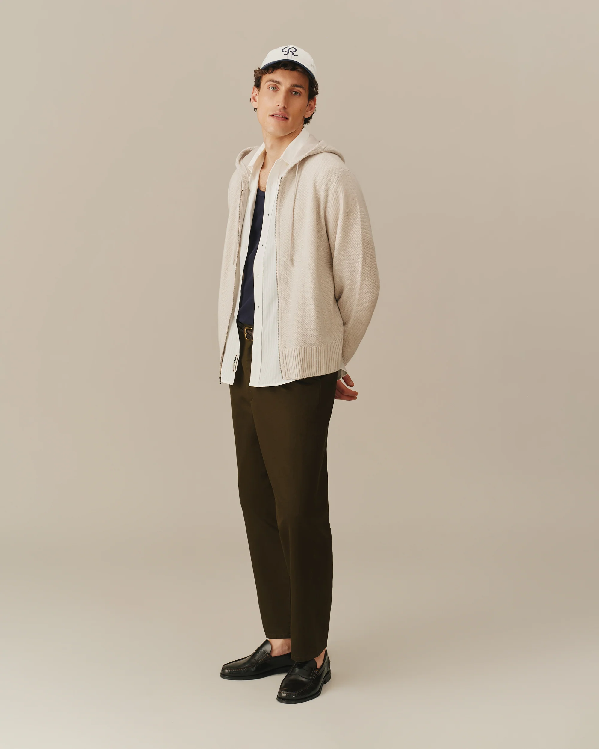 Men's Full Zip Cashmere Hoodie Cream - Image 3