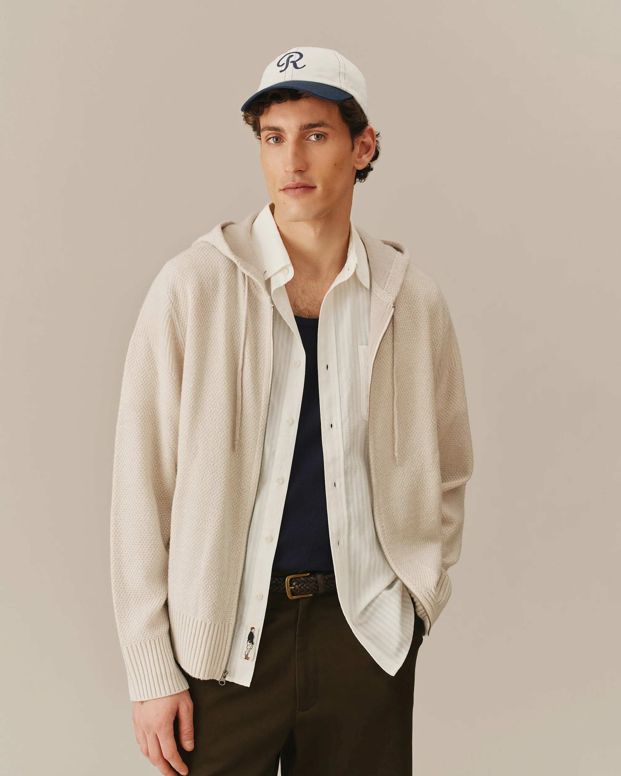 Men's Full Zip Cashmere Hoodie Cream - Image 4