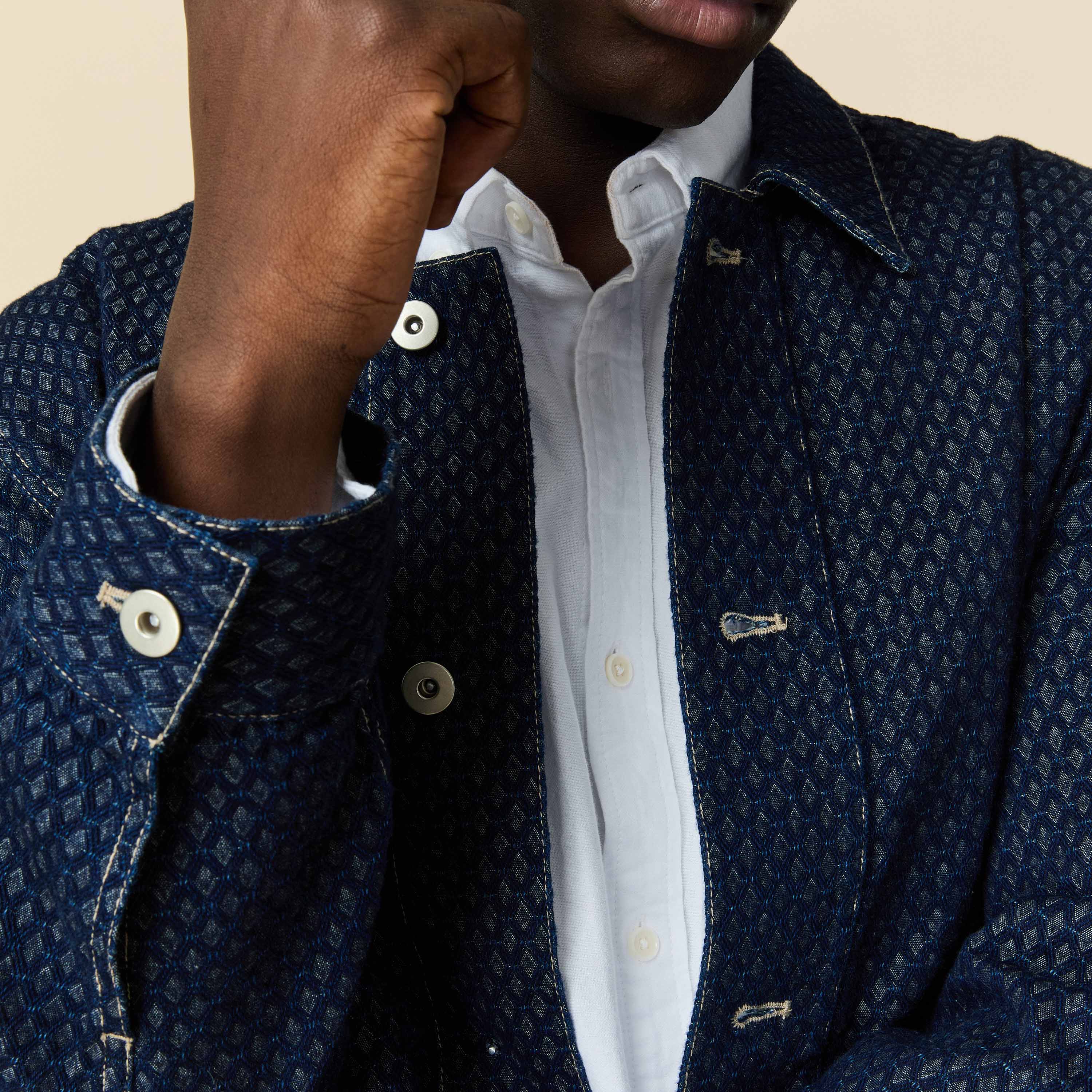 Men's Indigo Jacquard Denim Jacket Navy - Image 4