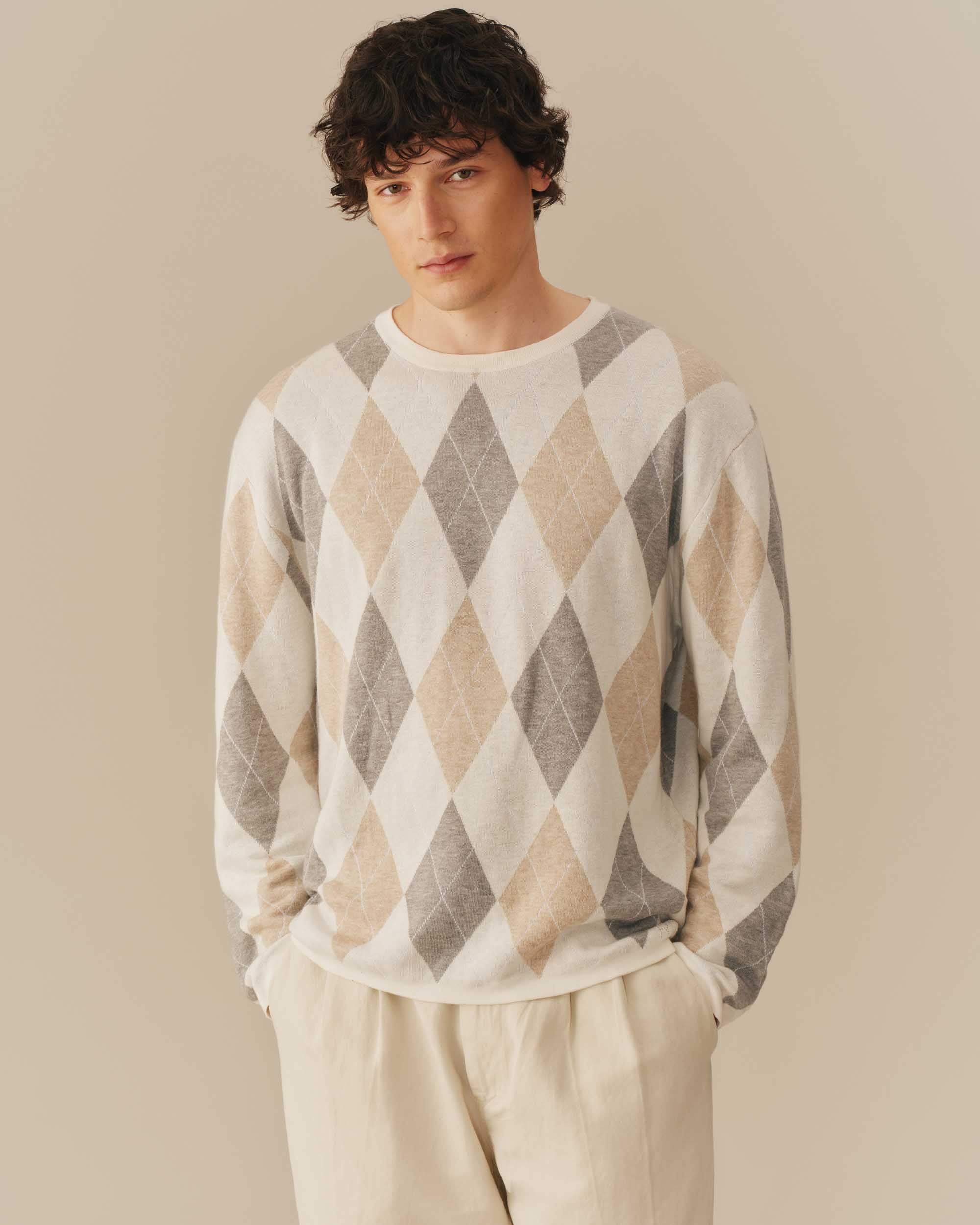 Linen Blend Lightweight Argyle Sweater Beige