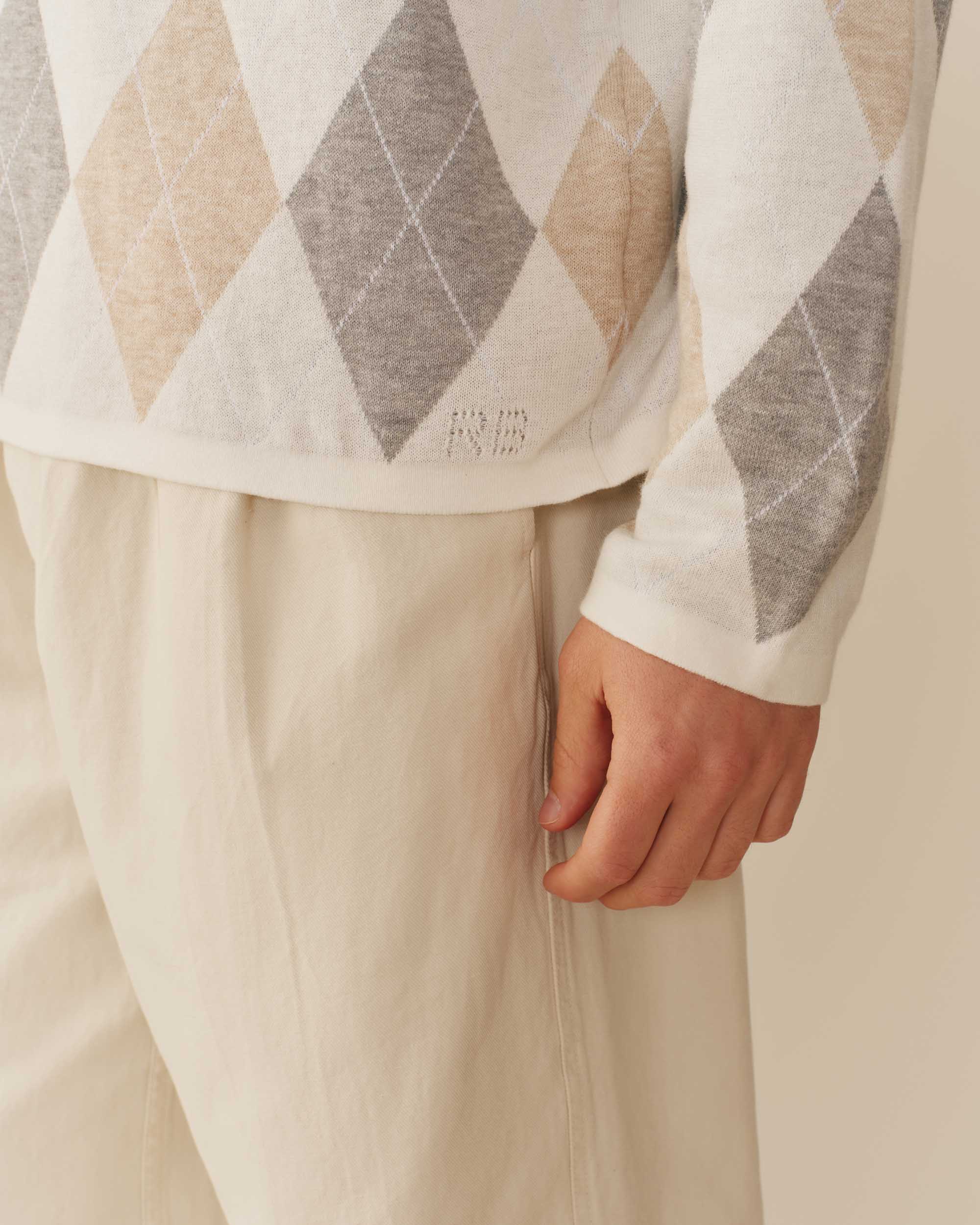 Linen Blend Lightweight Argyle Sweater Beige - Image 3