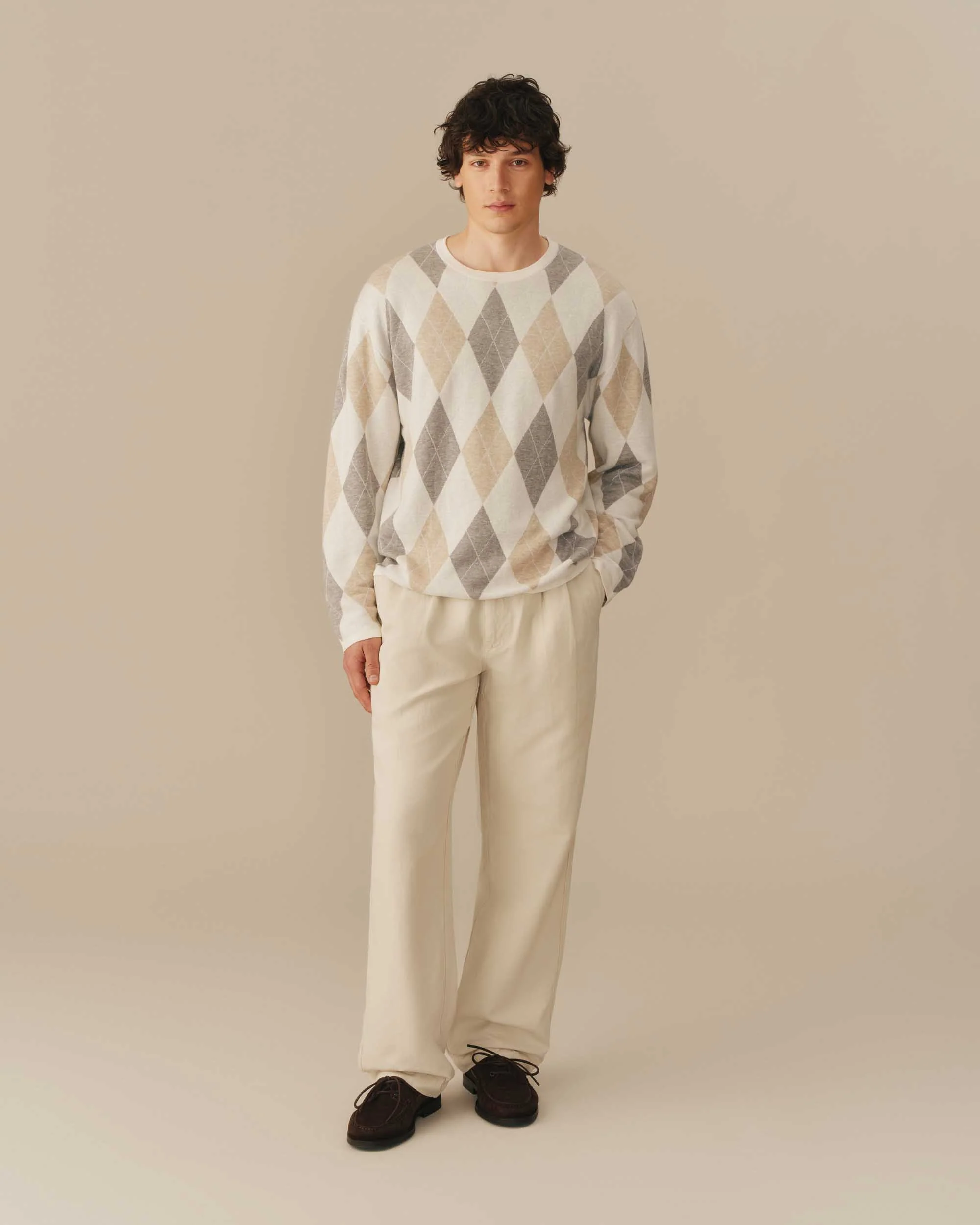 Linen Blend Lightweight Argyle Sweater Beige - Image 4