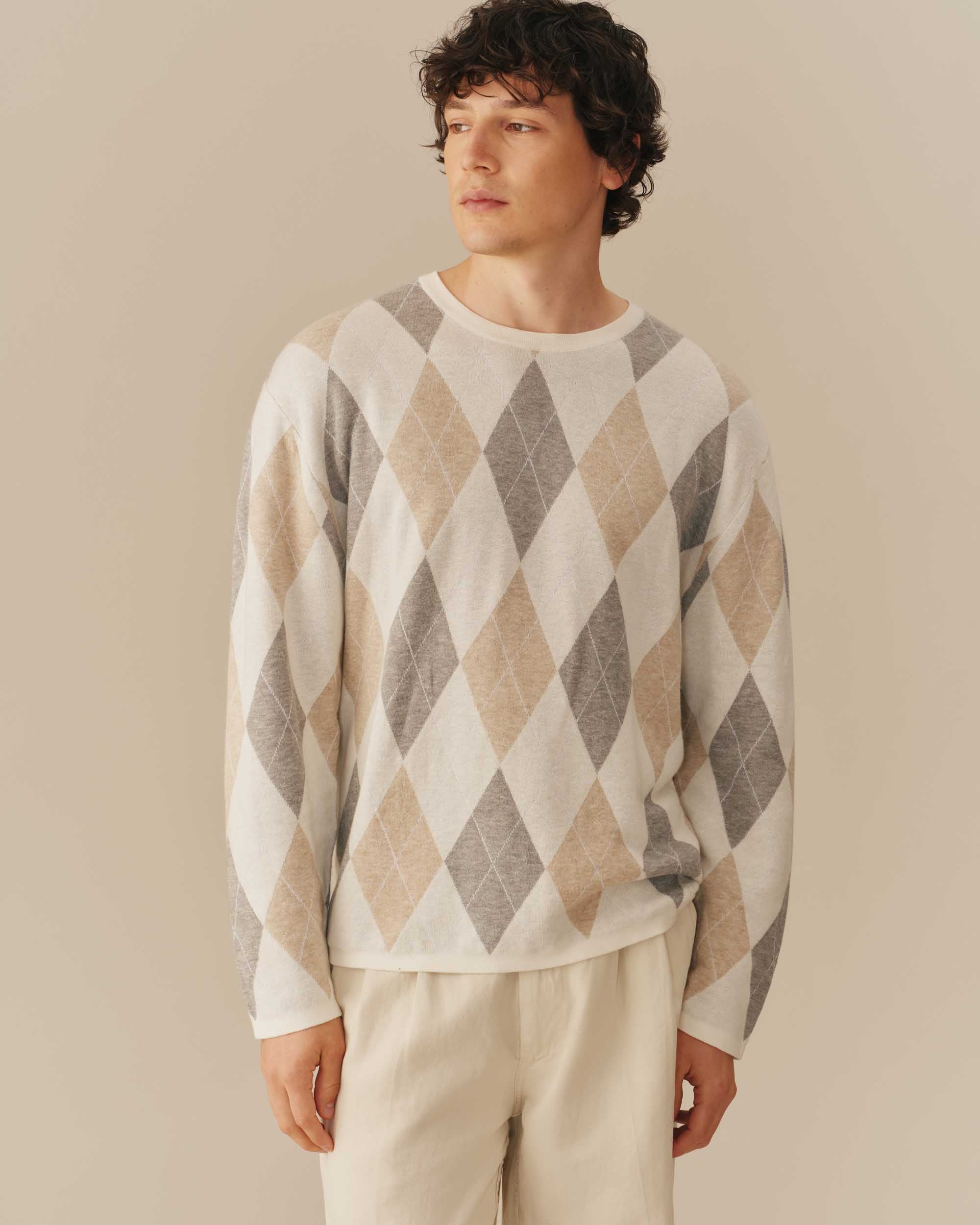 Linen Blend Lightweight Argyle Sweater Beige - Image 5