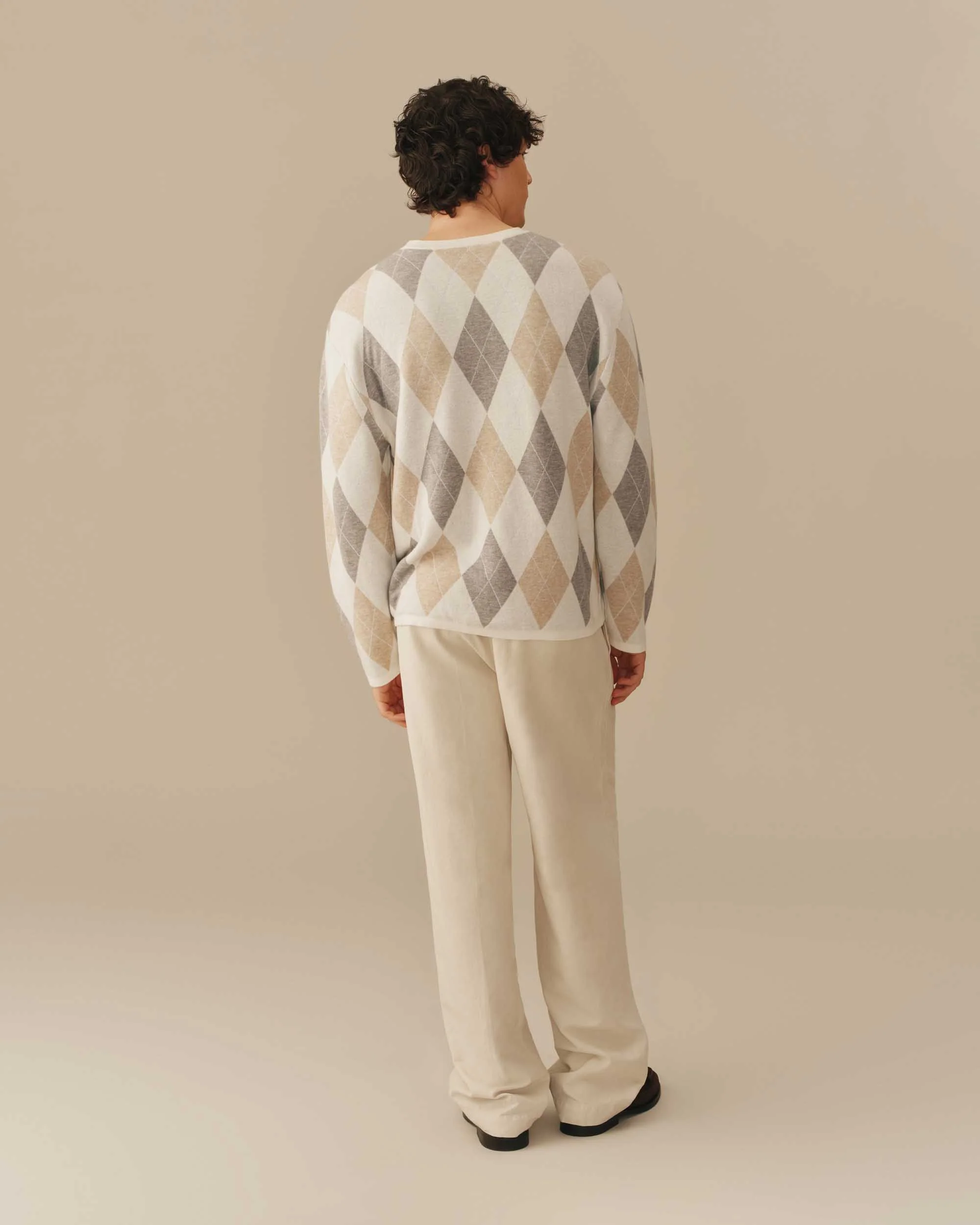 Linen Blend Lightweight Argyle Sweater Beige - Image 6