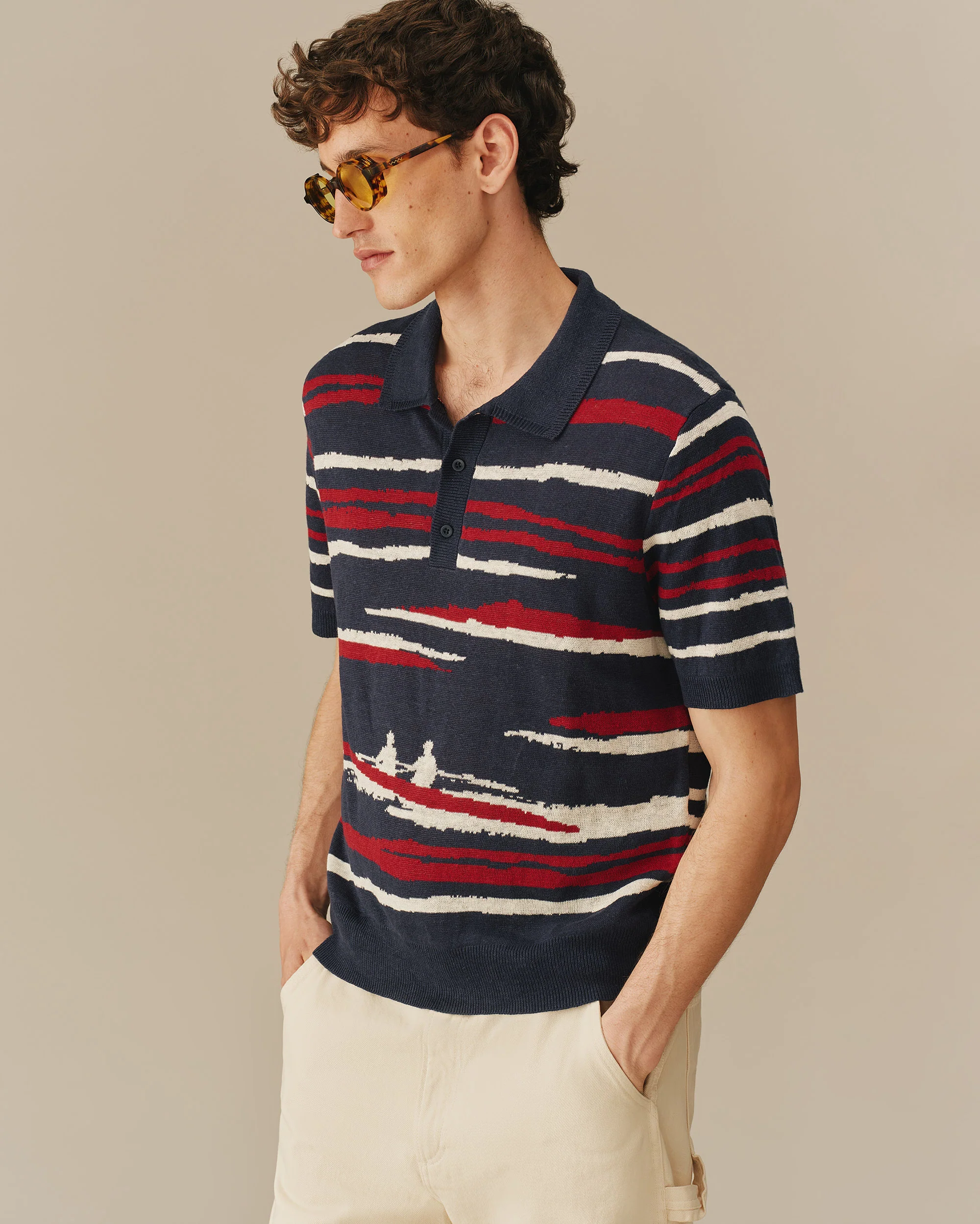 Men's Linen Painted Stripe Polo Sweater Navy - Image 4