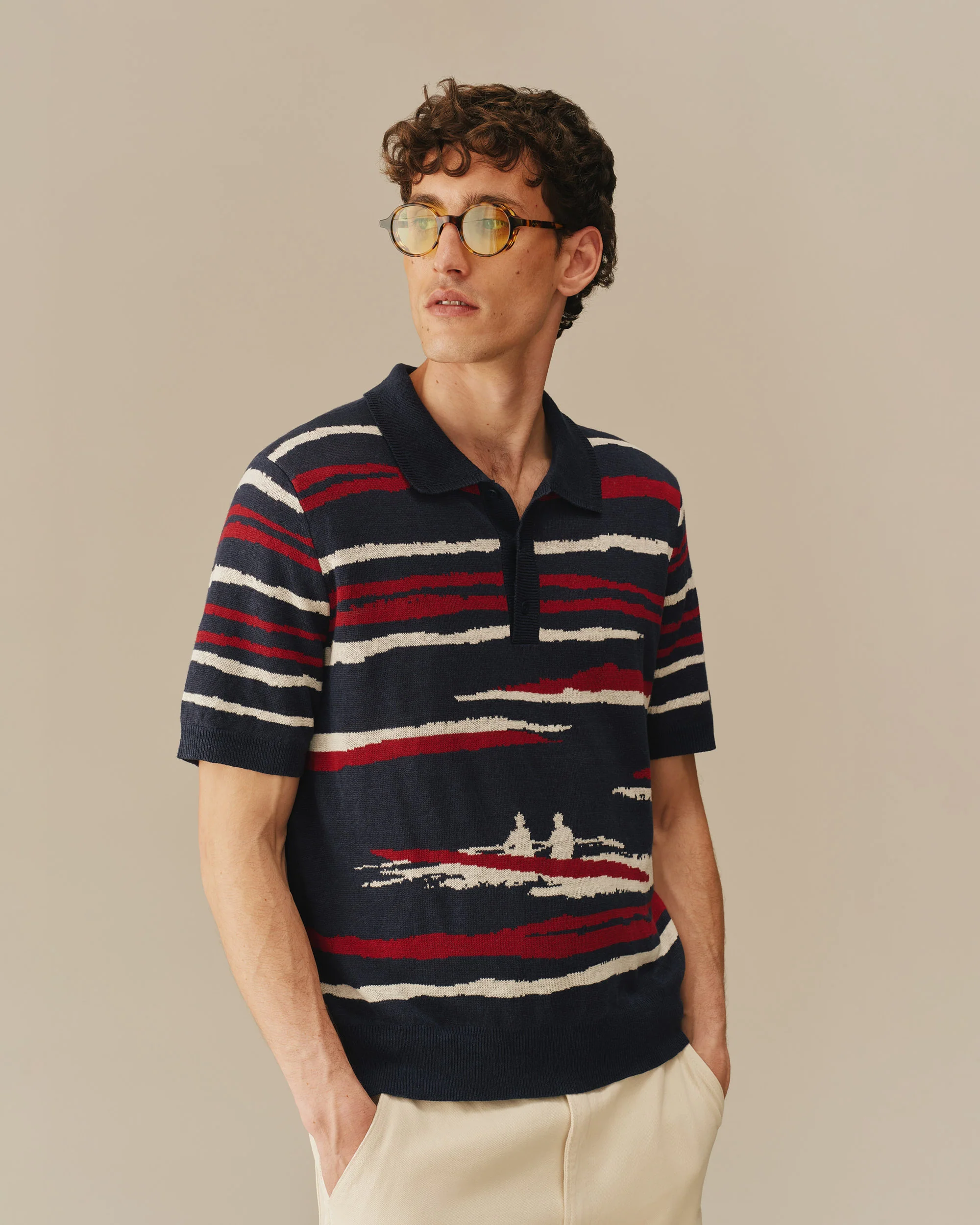 Men's Linen Painted Stripe Polo Sweater Navy - Image 5