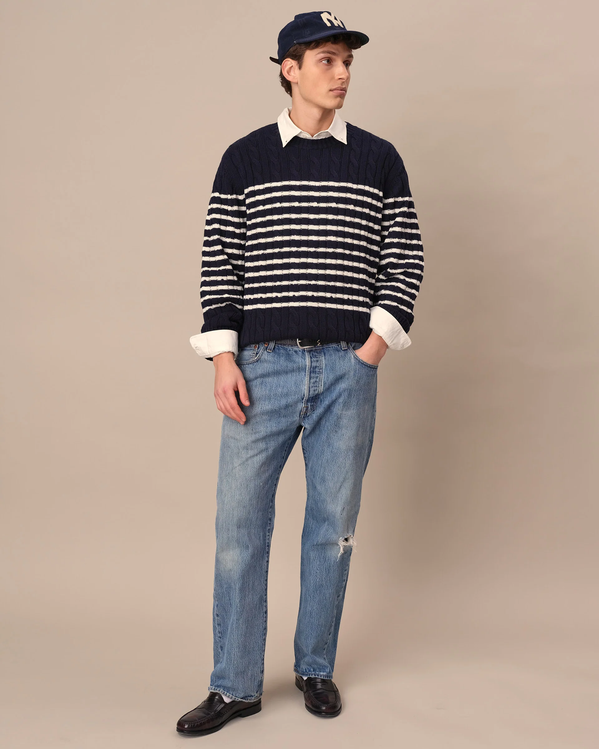 Mariner Stripe Cable Knit Sweater Navy/White Stripe