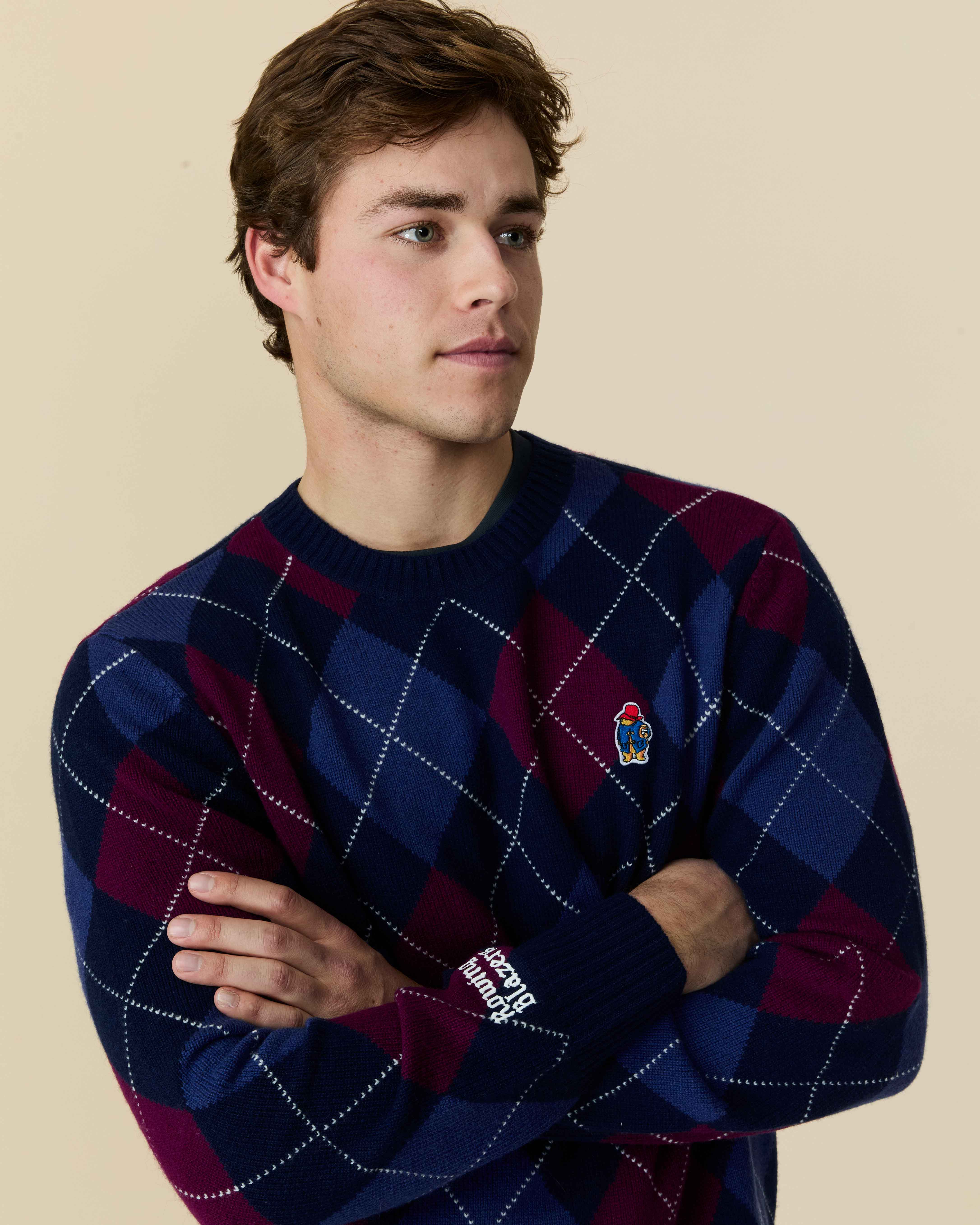 Paddington Cashmere Argyle Sweater Navy and Maroon Argyle - Image 2