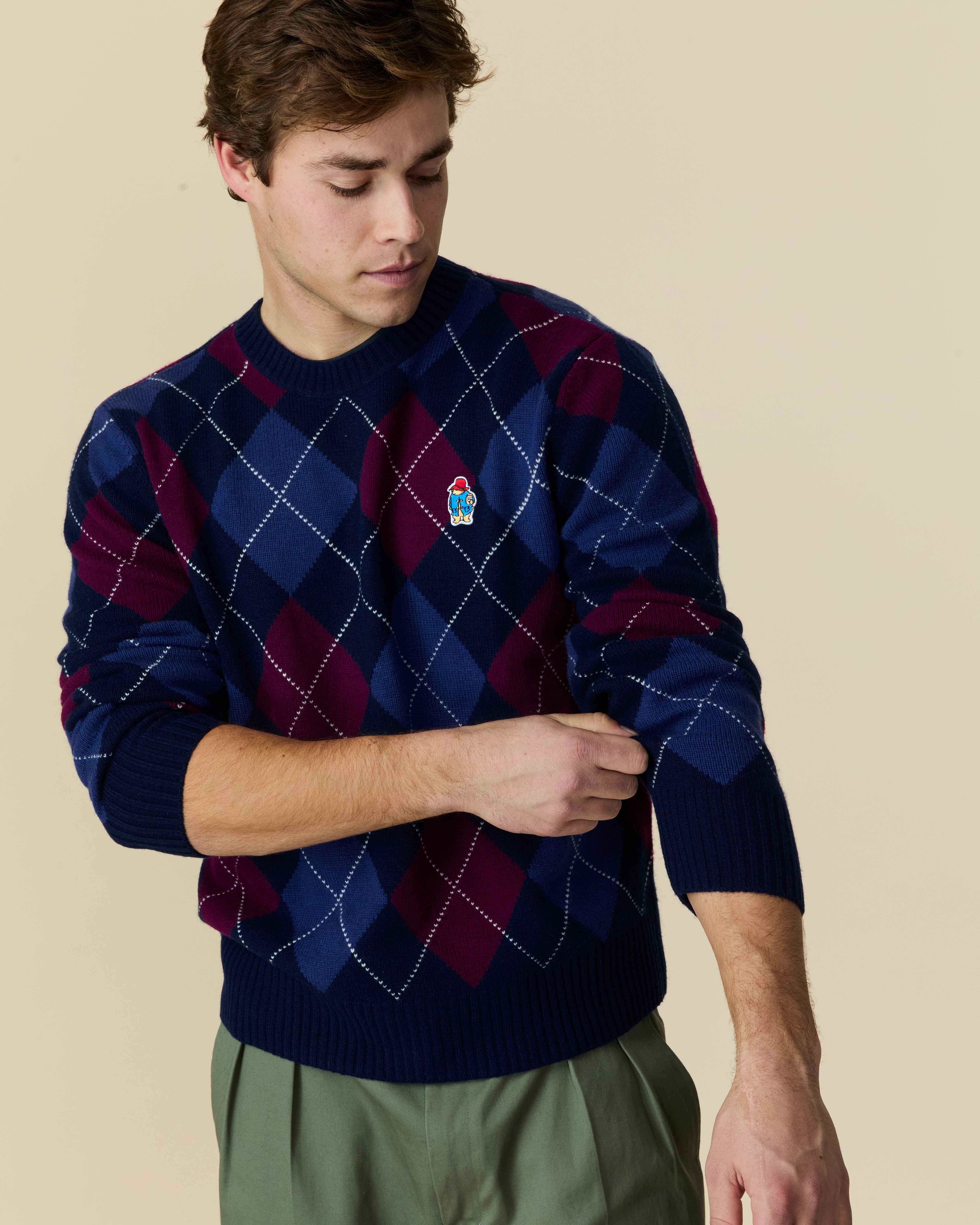 Paddington Cashmere Argyle Sweater Navy and Maroon Argyle - Image 3