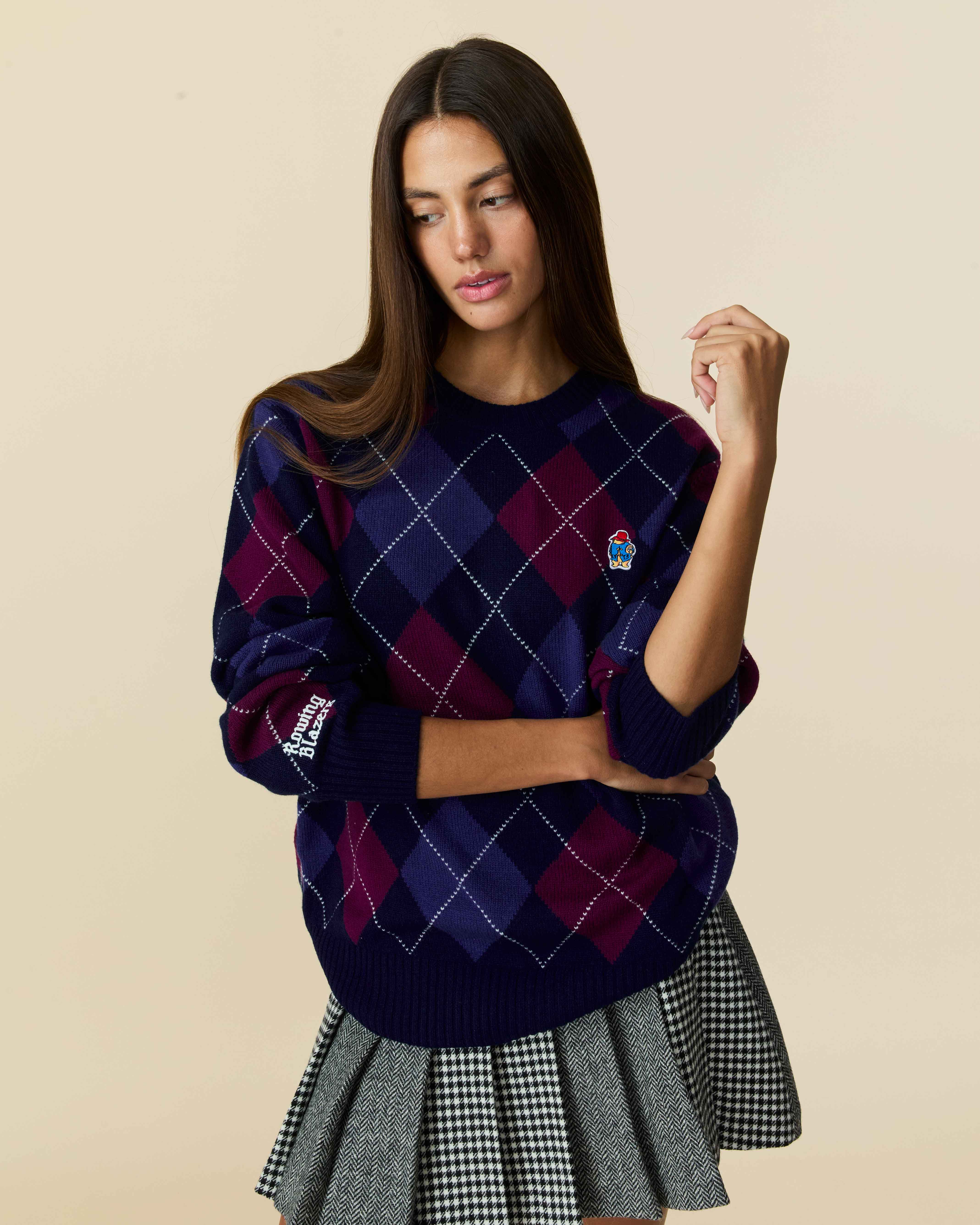 Paddington Cashmere Argyle Sweater Navy and Maroon Argyle - Image 4