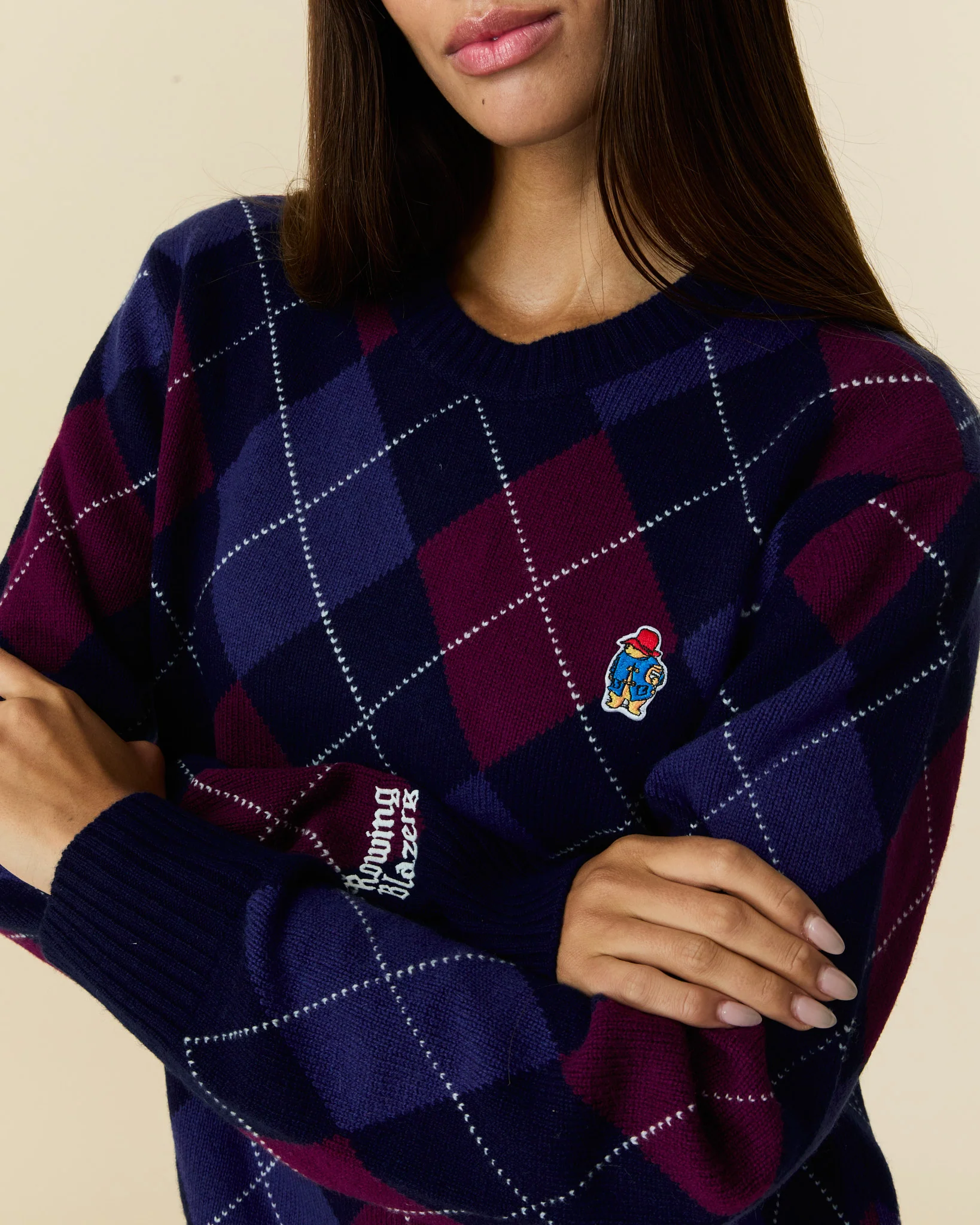 Paddington Cashmere Argyle Sweater Navy and Maroon Argyle - Image 6