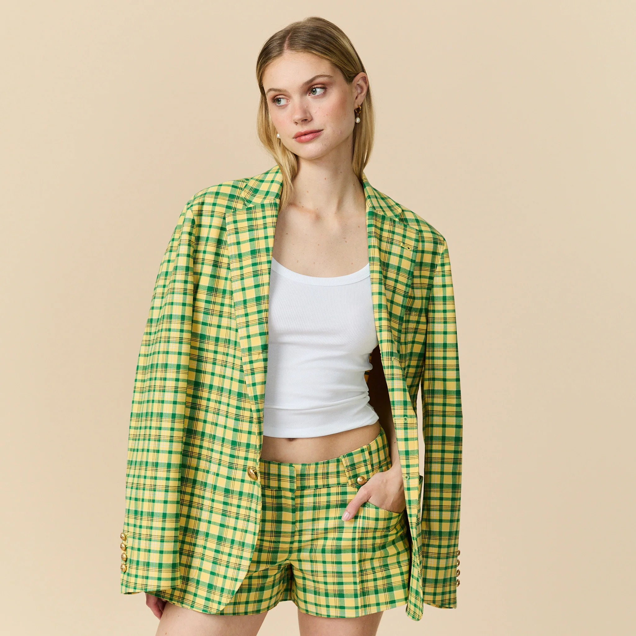 Men's Plain Weave Blazer Yellow Plaid - Image 3