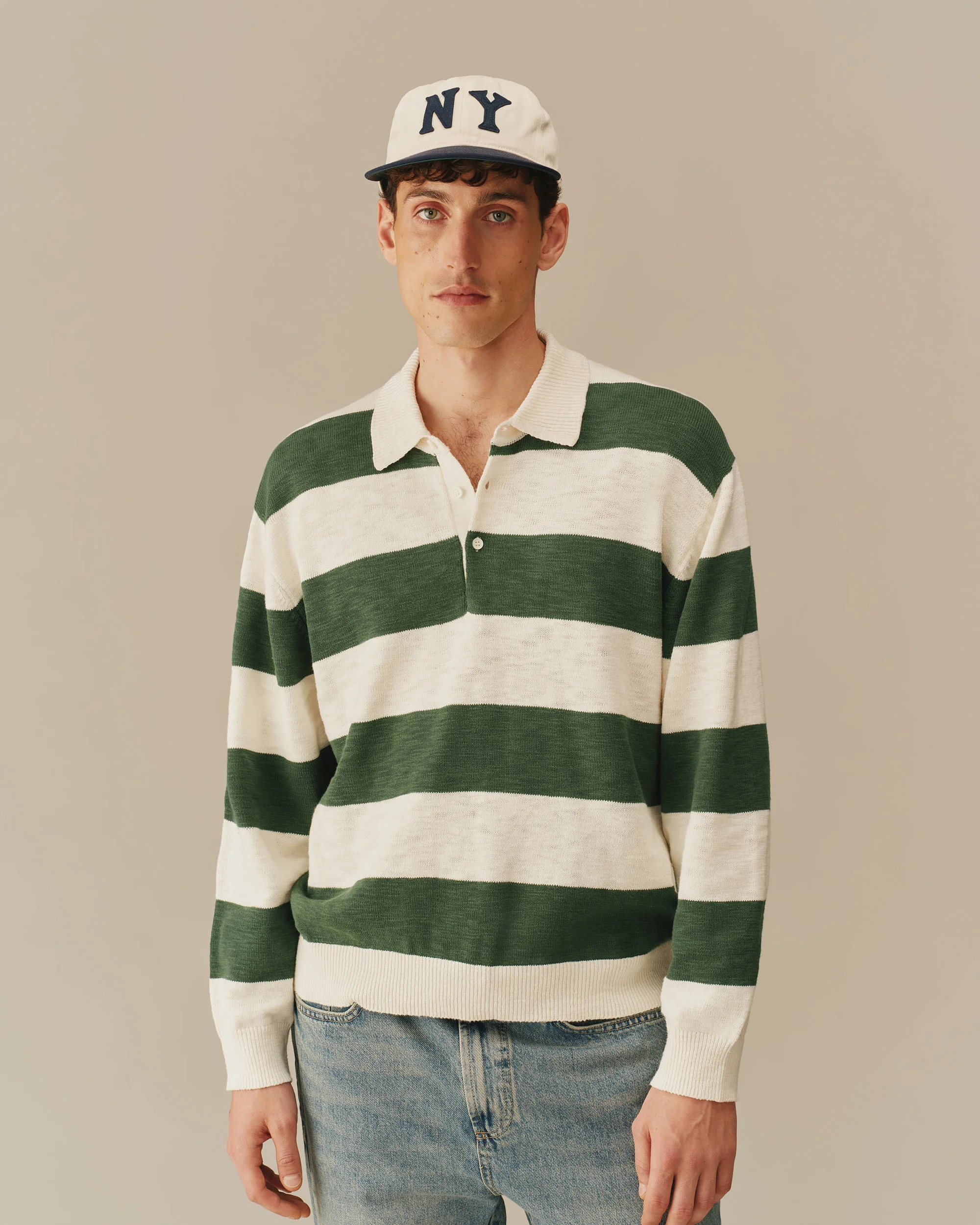 Relaxed Cotton Slub Rugby Sweater Green & White