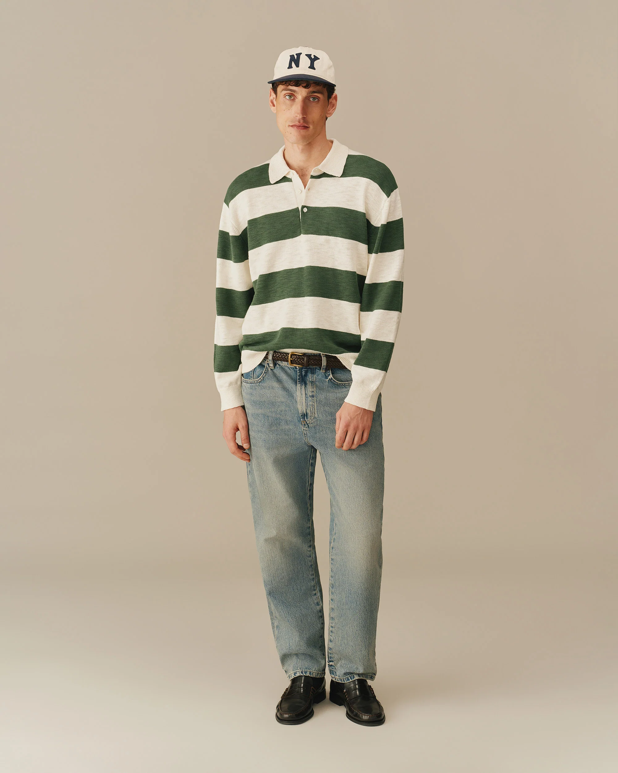 Relaxed Cotton Slub Rugby Sweater Green & White - Image 2