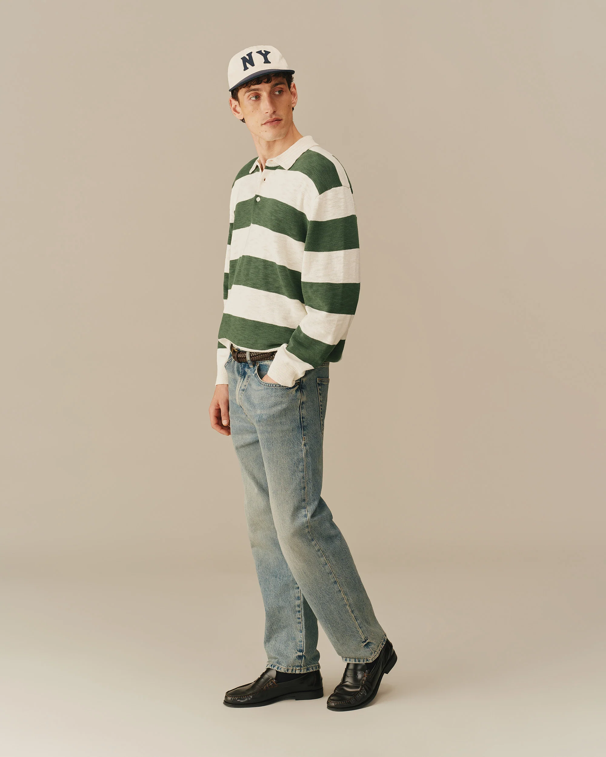 Relaxed Cotton Slub Rugby Sweater Green & White - Image 3