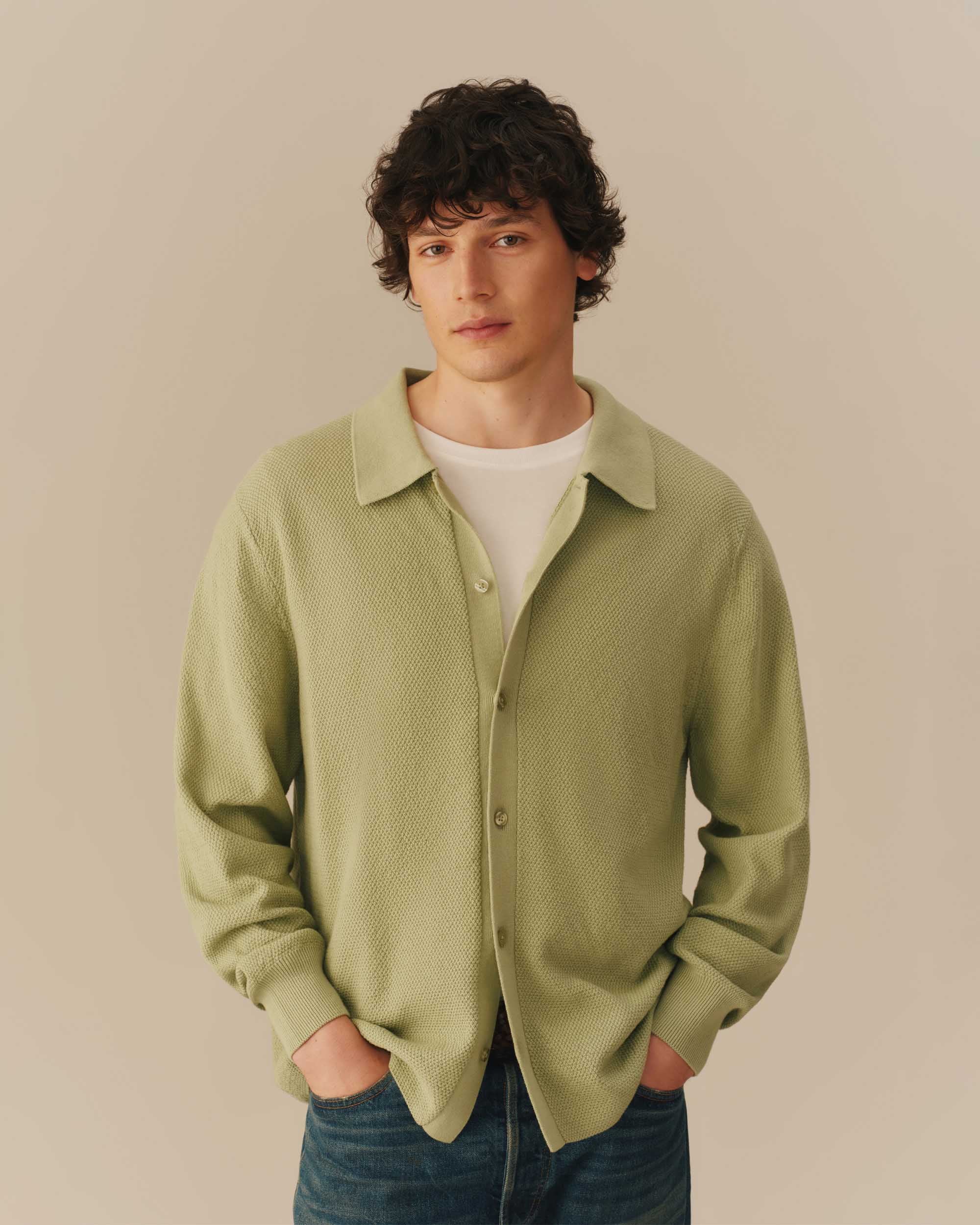 Seed Stitch Dress Shirt Sweater Green