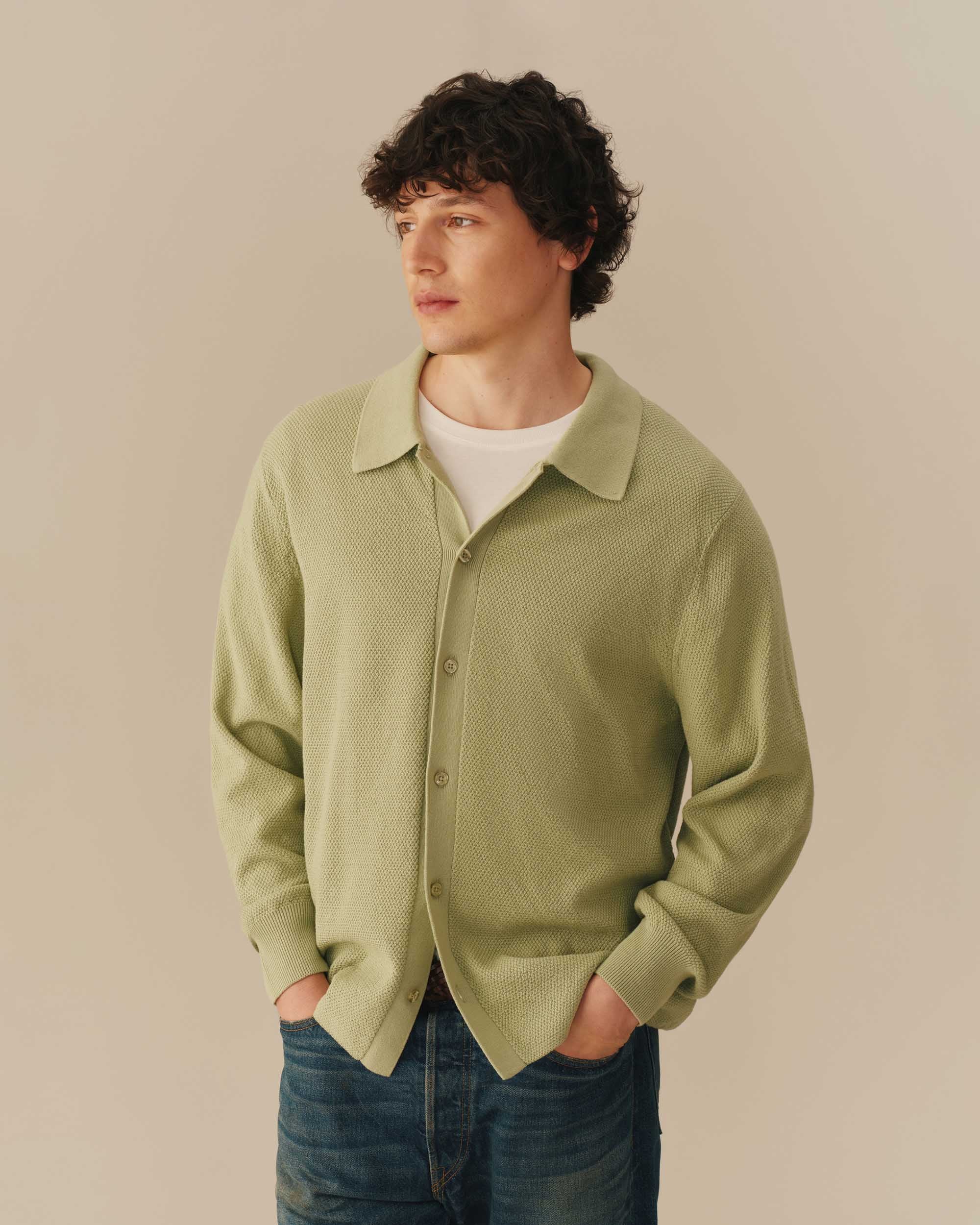 Seed Stitch Dress Shirt Sweater Green - Image 3