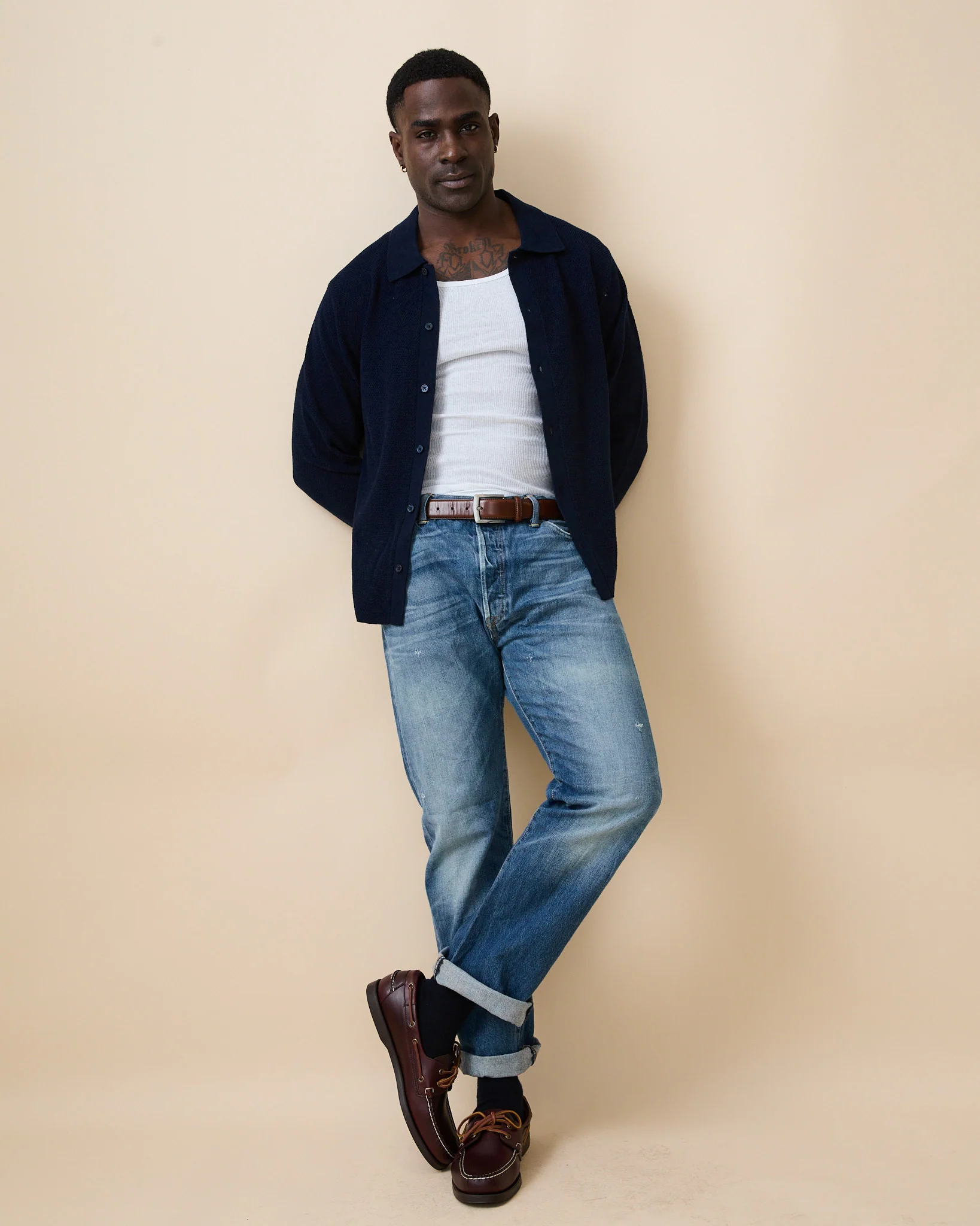 Seed Stitch Dress Shirt Sweater Navy