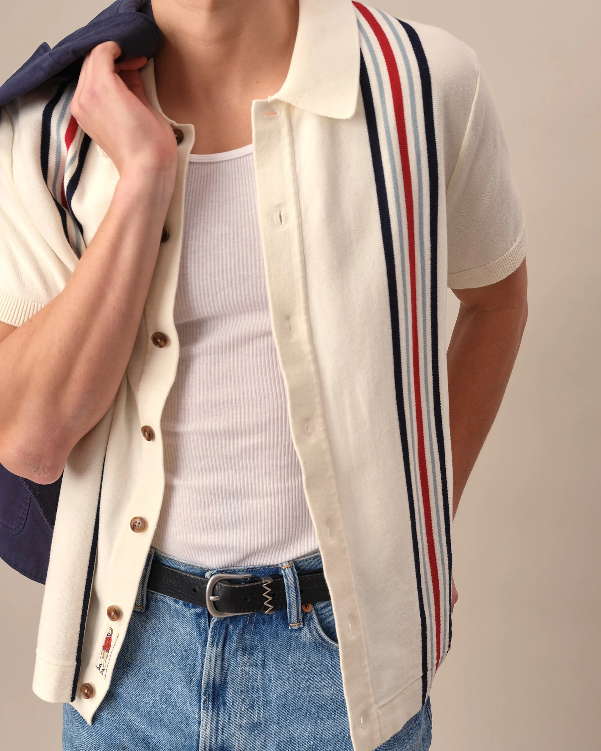 Men's Short Sleeve Button Through Thin Stripe Polo Sweater Cream