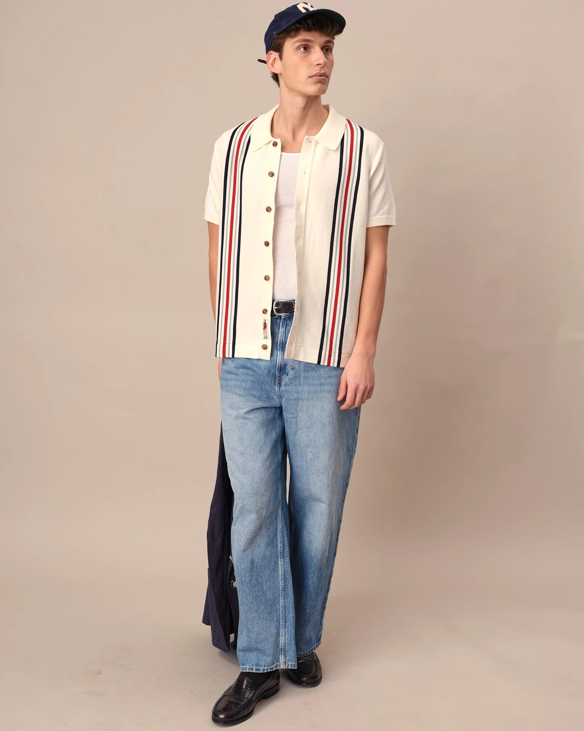 Men's Short Sleeve Button Through Thin Stripe Polo Sweater Cream - Image 2