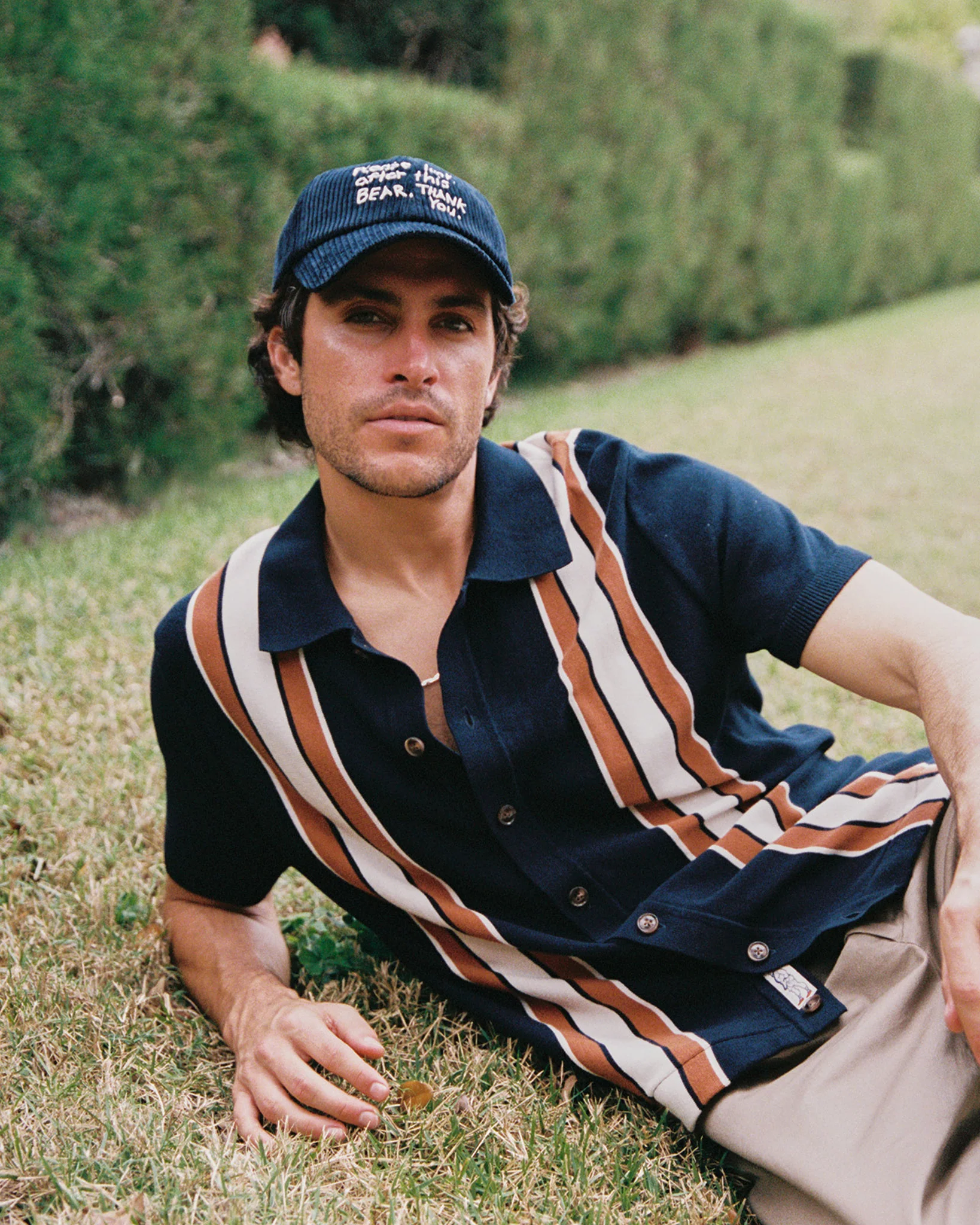 Men's Short Sleeve Button Through Wide Stripe Polo Sweater Navy - Image 2
