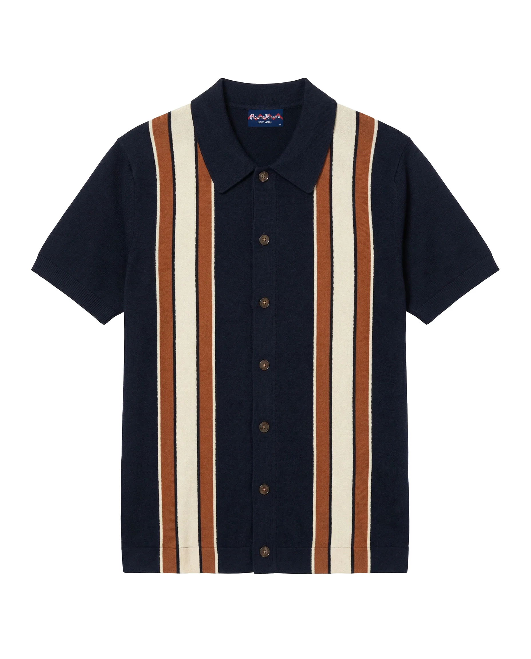 Men's Short Sleeve Button Through Wide Stripe Polo Sweater Navy - Image 8